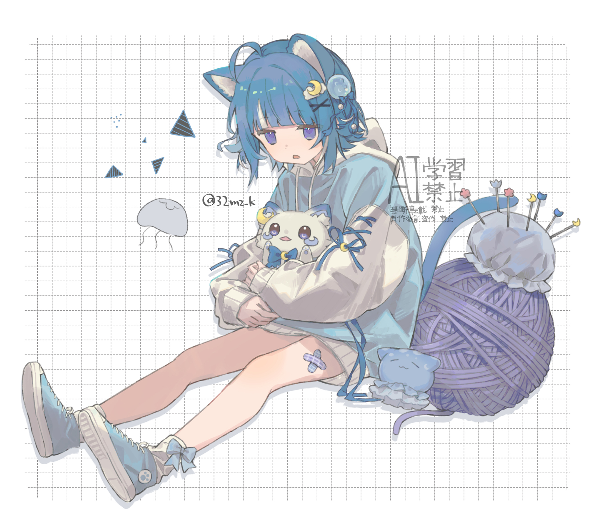 mizutama (32mz k), kurageu roa, indie virtual youtuber, highres, 1girl, ahoge, animal ears, bandaid on thigh, blue eyes, blue hair, blue jacket, blue ribbon, blue shoes, blunt bangs, bow legwear, cat ears, cat girl, cat tail, cloud hair ornament, crescent, crescent hair ornament, from side, full body, grid background, hair ornament, hugging object, jacket, jellyfish hair ornament, multicolored hair, multicolored jacket, needle, needler, open mouth, ribbon, shoes, short hair, sitting, sneakers, socks, solo, streaked hair, stuffed animal, stuffed cat, stuffed toy, tail, triangle mouth, twitter username, two-tone jacket, virtual youtuber, watermark, white jacket, white socks, white streaks, x hair ornament, yarn, yarn ball