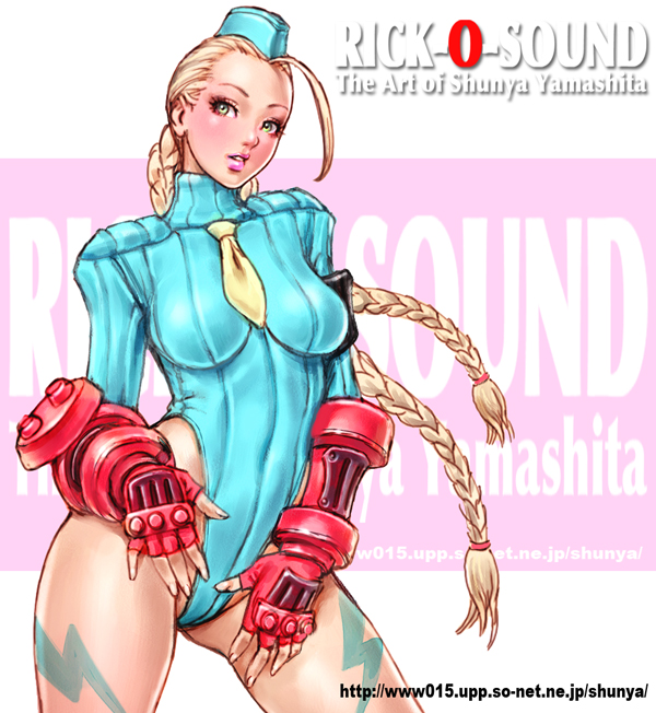 yamashita shun'ya, cammy white, capcom, street fighter, street fighter zero (series), bad id, bad pixiv id, 1990s (style), 1girl, blonde hair, blue leotard, bracer, braid, breasts, elbow gloves, female focus, fingerless gloves, garrison cap, gloves, green eyes, hat, large breasts, leotard, long hair, necktie, retro artstyle, skin tight, sleeved leotard, solo, twin braids