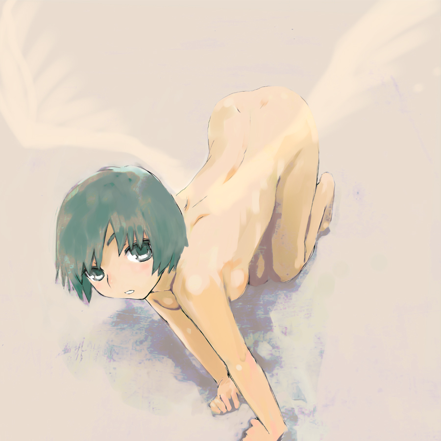nimirom, original, all fours, barefoot, grey eyes, grey hair, nude, solo, wings