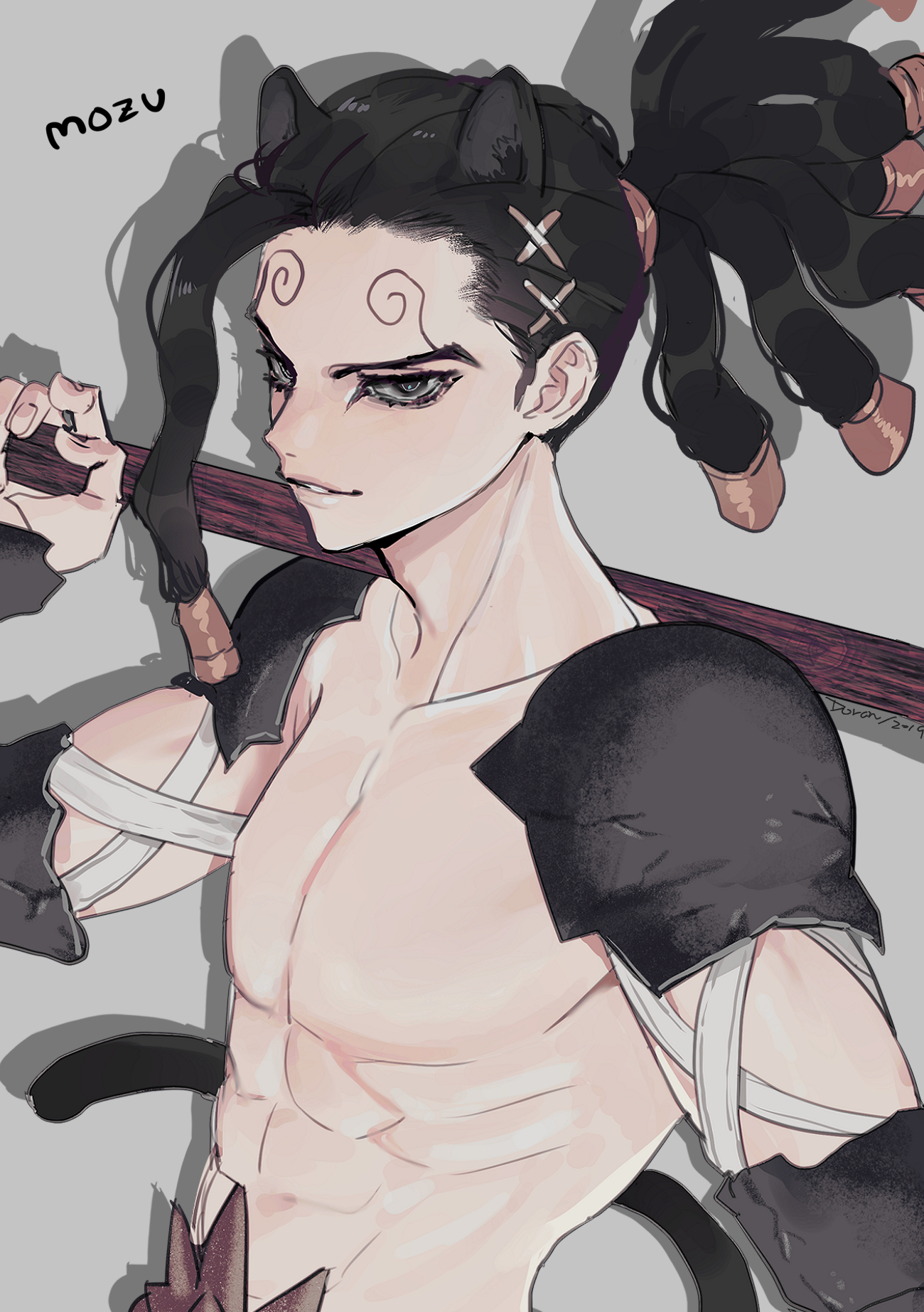 doran (doran7280), mozu (dr. stone), dr. stone, highres, 1boy, abs, animal ears, armor, black eyes, black hair, black nails, cat ears, cat tail, character name, collarbone, dreadlocks, grey background, grey eyes, hair ornament, holding, holding weapon, long hair, looking at viewer, male focus, over shoulder, pectorals, polearm, ponytail, shoulder armor, shoulder pads, smile, solo, tail, toned, toned male, topless male, upper body, weapon, weapon over shoulder, x hair ornament