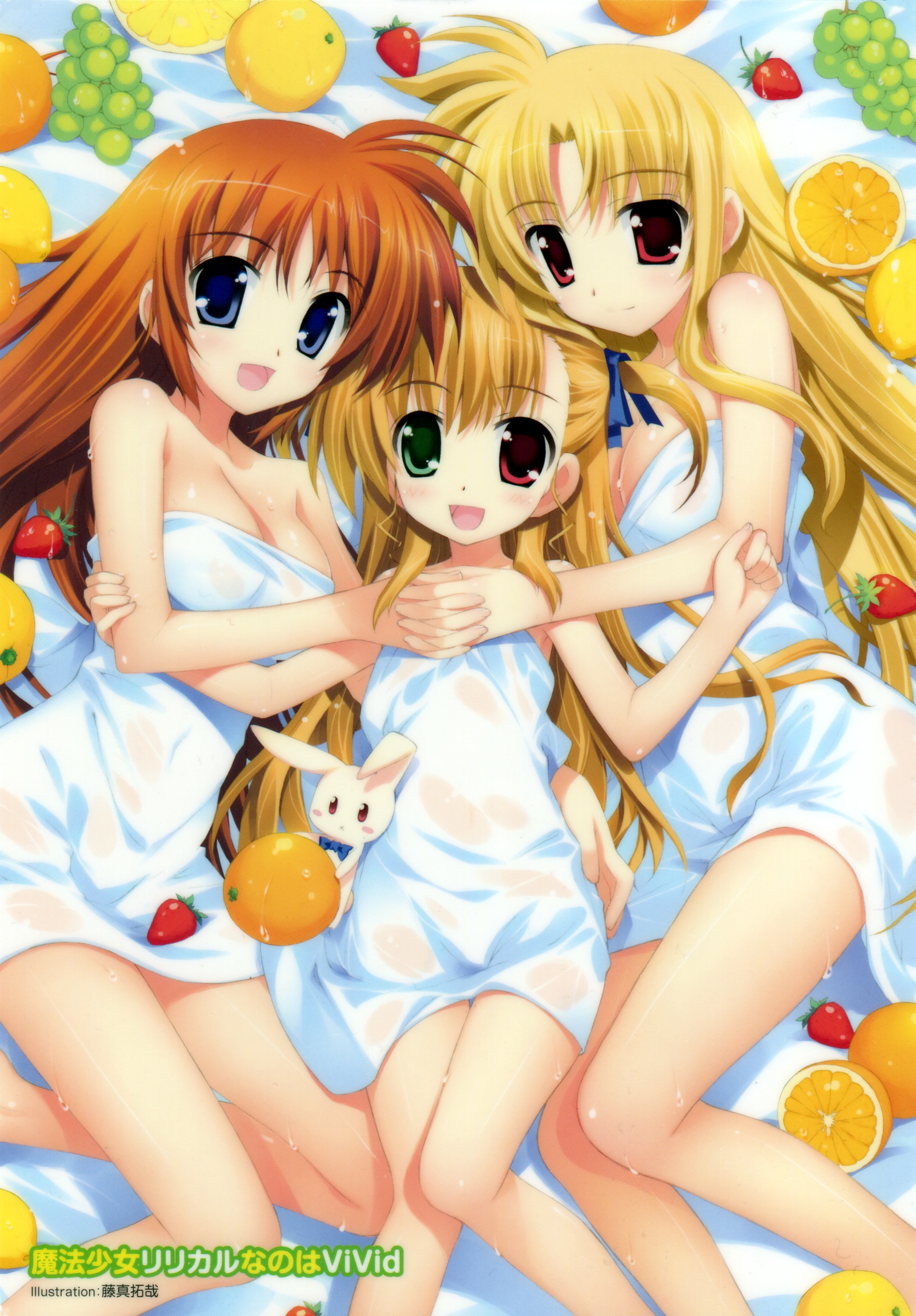 fujima takuya, fate testarossa, sacred heart, takamachi nanoha, vivio, lyrical nanoha, mahou shoujo lyrical nanoha, mahou shoujo lyrical nanoha vivid, absurdres, highres, official art, scan, 10s, 3girls, apple, blonde hair, blush, breasts, brown hair, cleavage, food, fruit, grapes, heterochromia, lemon, long hair, multiple girls, naked towel, open mouth, orange (fruit), red eyes, smile, strawberry, towel, wet