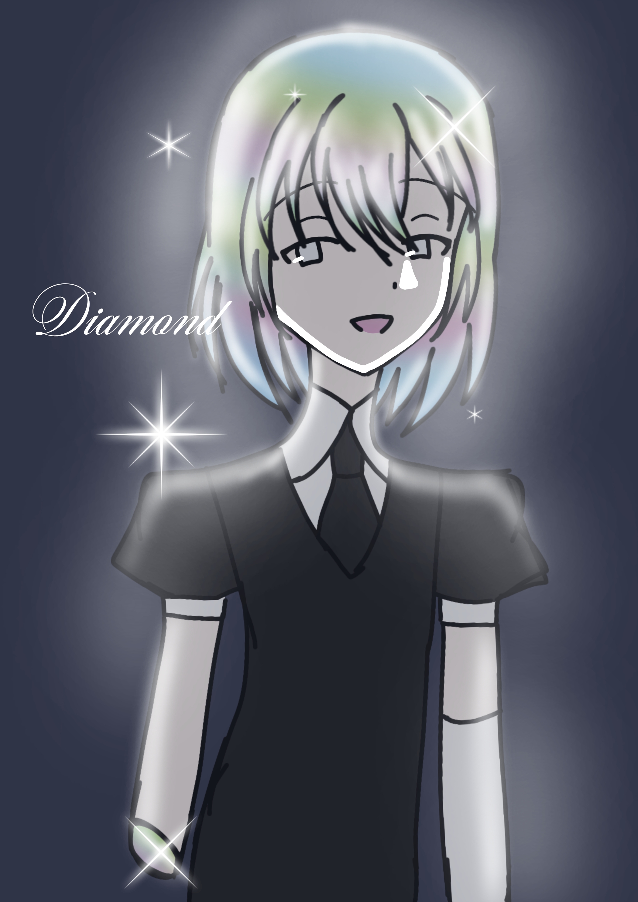 diamond (houseki no kuni), houseki no kuni, arabic commentary, absurdres, highres, non-web source, self-upload, 1other, amputee, androgynous, blue background, character name, elbow gloves, gem uniform (houseki no kuni), gloves, lightning, multicolored hair, open mouth, other focus, puffy short sleeves, puffy sleeves, rainbow hair, short hair, short sleeves, smile, sparkle, white gloves