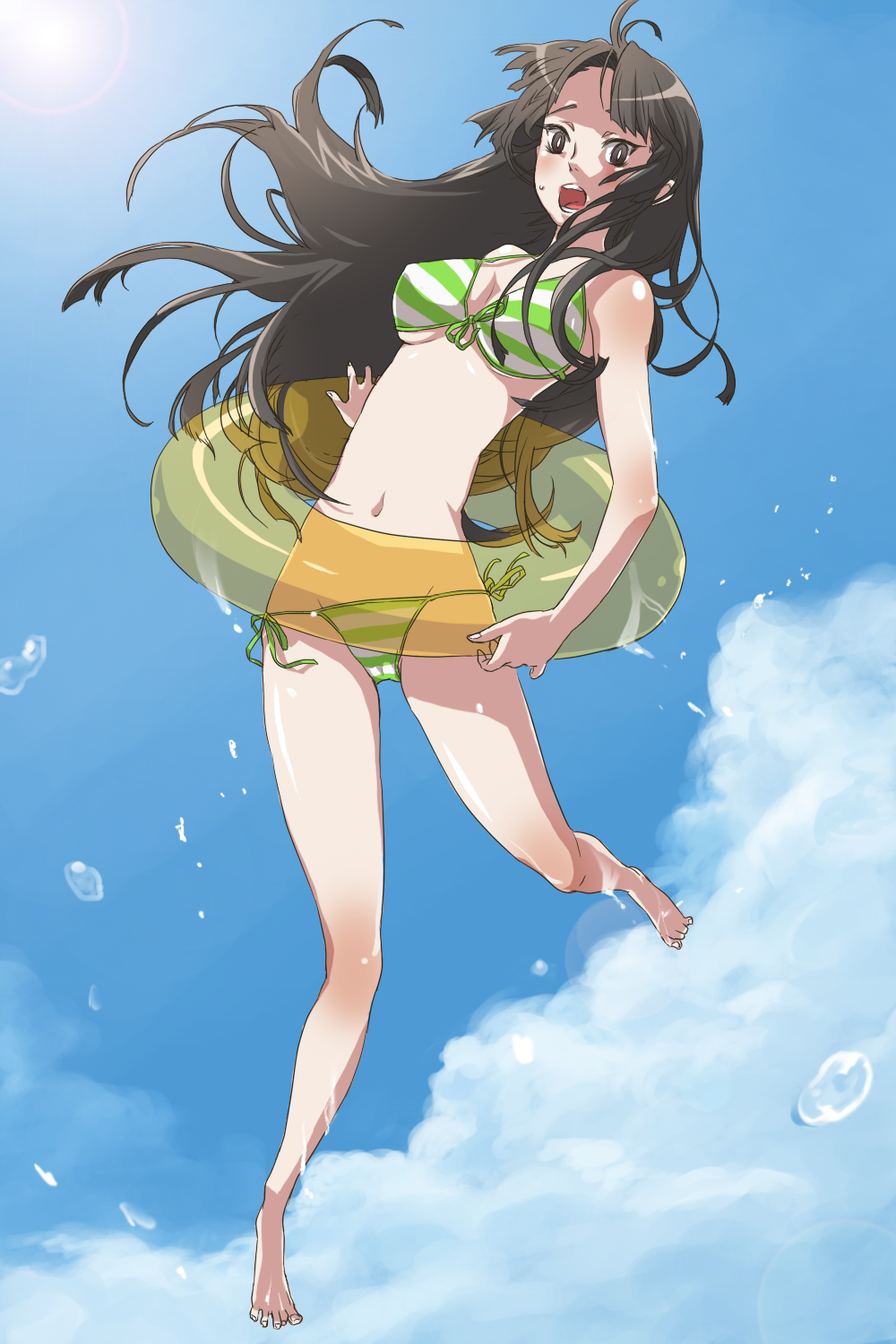 murasaki on usagi, sion usuke, akiyama mio, k-on!, bad id, bad pixiv id, highres, 00s, 1girl, barefoot, bikini, black eyes, black hair, blunt bangs, breasts, cloud, day, female focus, front-tie top, hime cut, innertube, long hair, medium breasts, sky, solo, striped bikini, striped clothes, swim ring, swimsuit, water