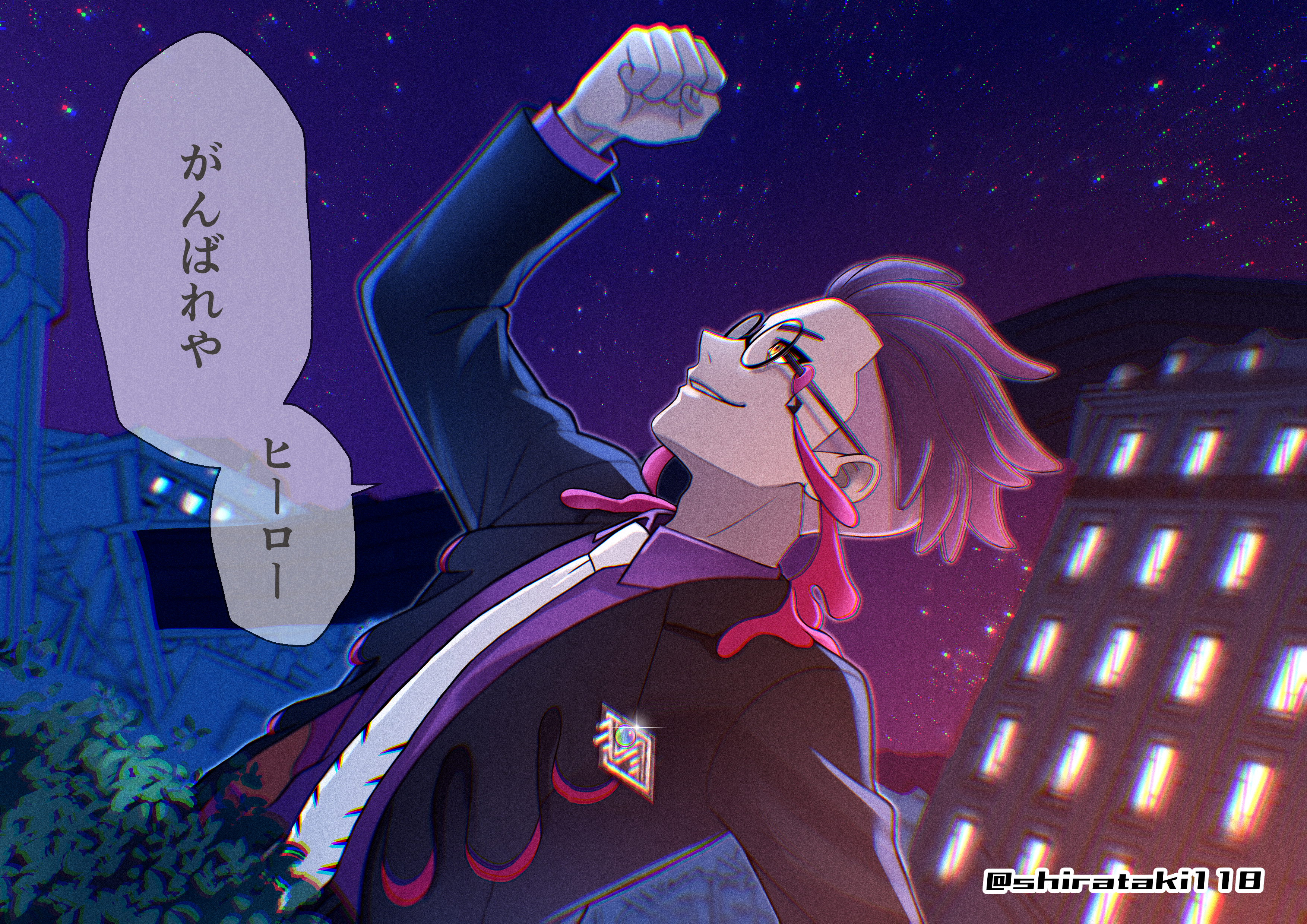 shirataki118, corbeau (pokemon), nintendo, pokemon, pokemon legends: z-a, absurdres, commentary request, highres, translation request, 1boy, arm up, black-framed eyewear, black jacket, building, chromatic aberration, clenched hand, collared shirt, glasses, jacket, long sleeves, male focus, necktie, night, open clothes, open jacket, outdoors, purple shirt, round eyewear, shirt, sky, smile, solo, speech bubble, star (sky), upper body, watermark, white necktie, window, yellow eyes