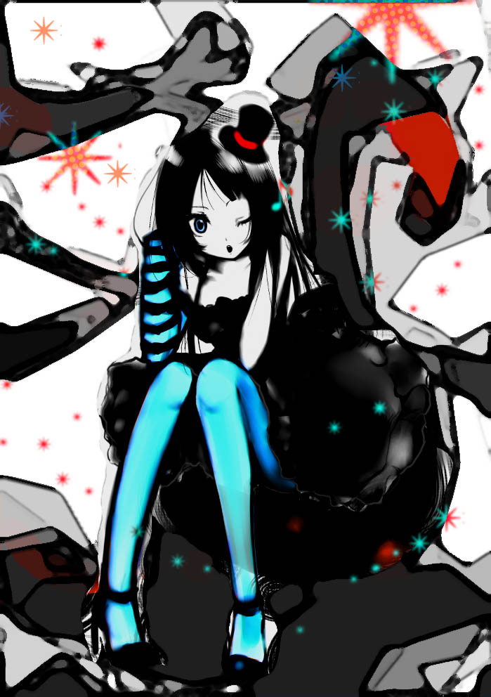 youmu ko, youmuko, akiyama mio, don't say "lazy", k-on!, striped, bad id, bad pixiv id, 00s, 1girl, black hair, blue eyes, blue pantyhose, blunt bangs, dress, female focus, hat, high heels, hime cut, long hair, mini hat, mini top hat, one eye closed, pantyhose, sitting, solo, top hat, wink