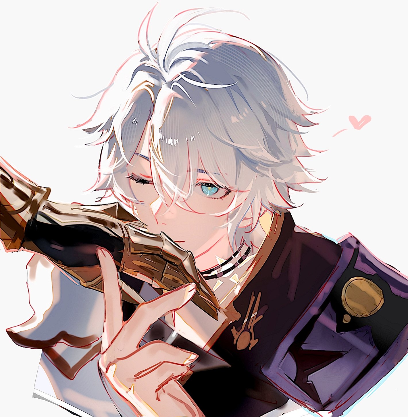 suirandanshihao, mydei (honkai: star rail), phainon (honkai: star rail), honkai: star rail, honkai (series), commentary, english commentary, highres, 2boys, antenna hair, armor, black choker, black shirt, blue eyes, choker, clawed gauntlets, coat, kiss, kissing hand, male focus, multiple boys, neck tattoo, one eye closed, parted bangs, pauldrons, shirt, short hair, shoulder armor, simple background, single pauldron, sun symbol, sun tattoo, tan, tattoo, white background, white coat, white hair, yaoi