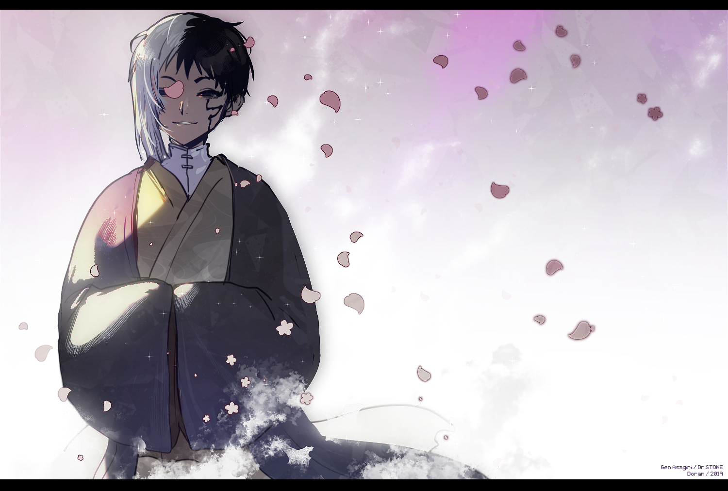 doran (doran7280), asagiri gen, dr. stone, face mark, 1boy, asymmetrical hair, black hair, brown kimono, cherry blossoms, closed eyes, facing viewer, falling petals, flower, hands in opposite sleeves, haori, japanese clothes, kimono, letterboxed, long sleeves, looking at viewer, male focus, multicolored hair, one eye covered, petals, shirt, short hair, single sidelock, smile, solo, split-color hair, two-tone hair, upper body, white hair, white shirt, wide sleeves, yellow kimono
