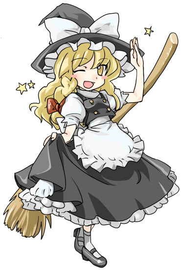 nanami sano, kirisame marisa, touhou, 1girl, blonde hair, broom, female focus, full body, hat, one eye closed, simple background, solo, wink, witch, witch hat