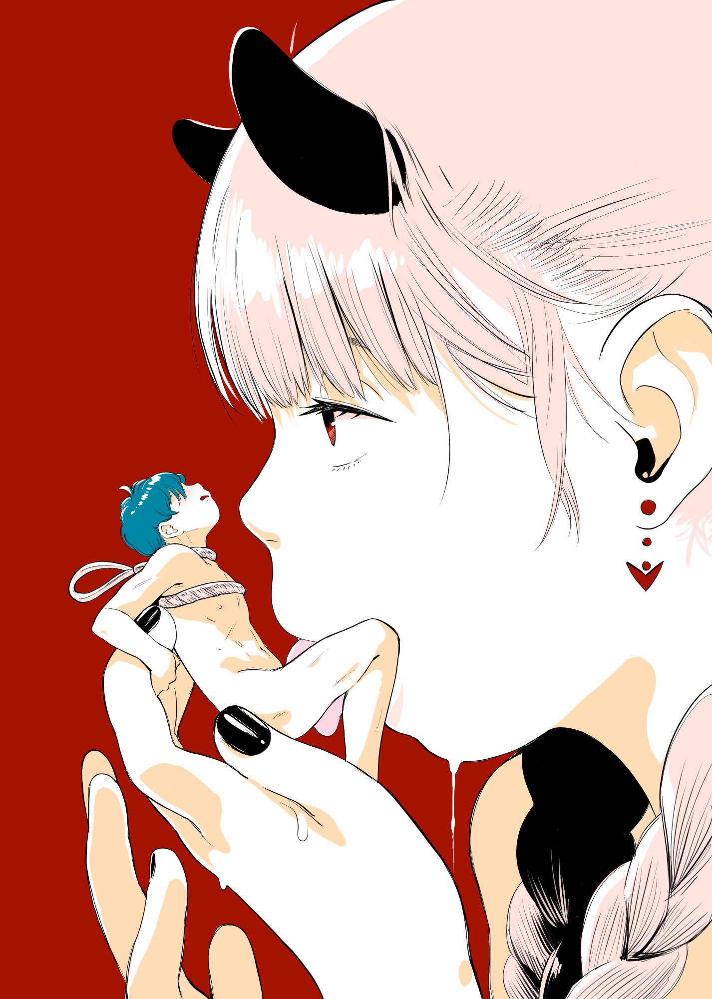 chipokan, original, commentary request, highres, paid reward available, 1boy, 1girl, black horns, black nails, blue hair, braid, cum, cum on body, cum on hands, earrings, fellatio, fingernails, heart, heart earrings, hetero, horns, jewelry, licking, medium hair, mini person, miniboy, nail polish, oral, pink hair, red background, red eyes, short hair, simple background, twin braids