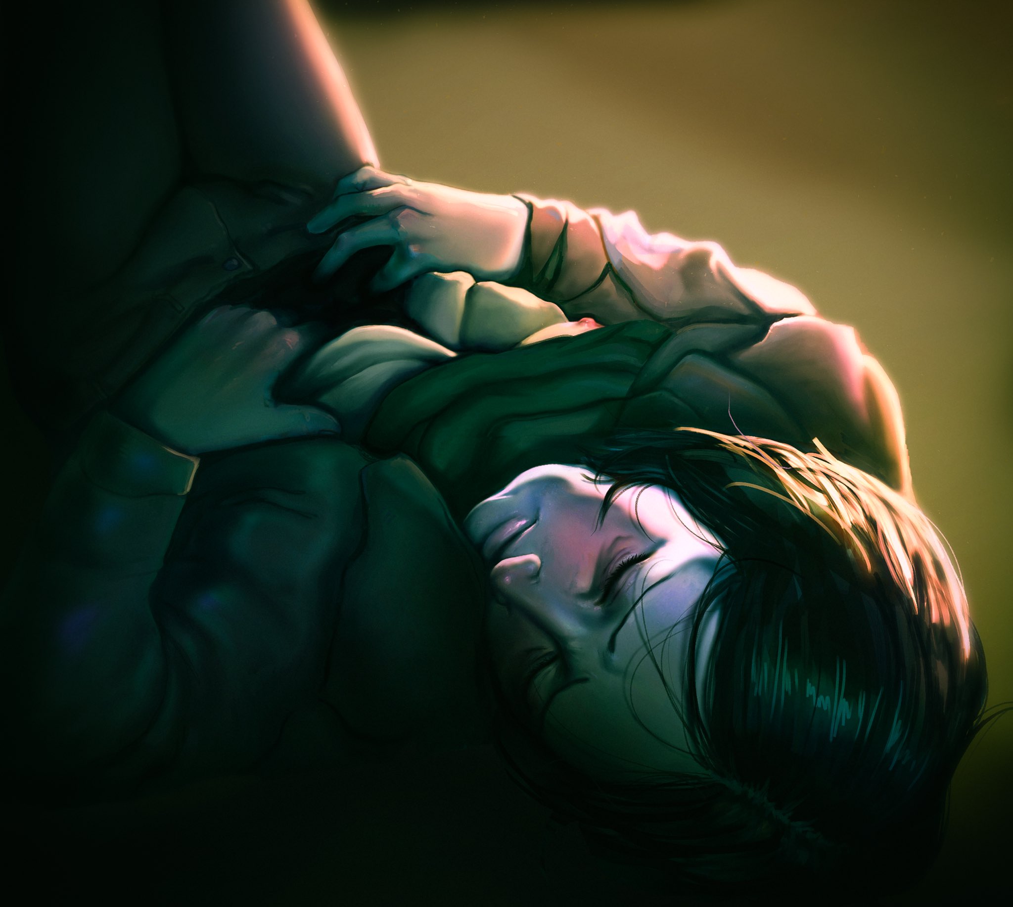 coat guy (no i'm not a human), no i'm not a human, highres, spoilers, 1boy, bags under eyes, black hair, closed eyes, closed mouth, coat, colored skin, denim, feyvianrune, frown lines, furrowed brow, jeans, lips, long sleeves, lying, male focus, middle part, nose, on back, pants, short hair, solo