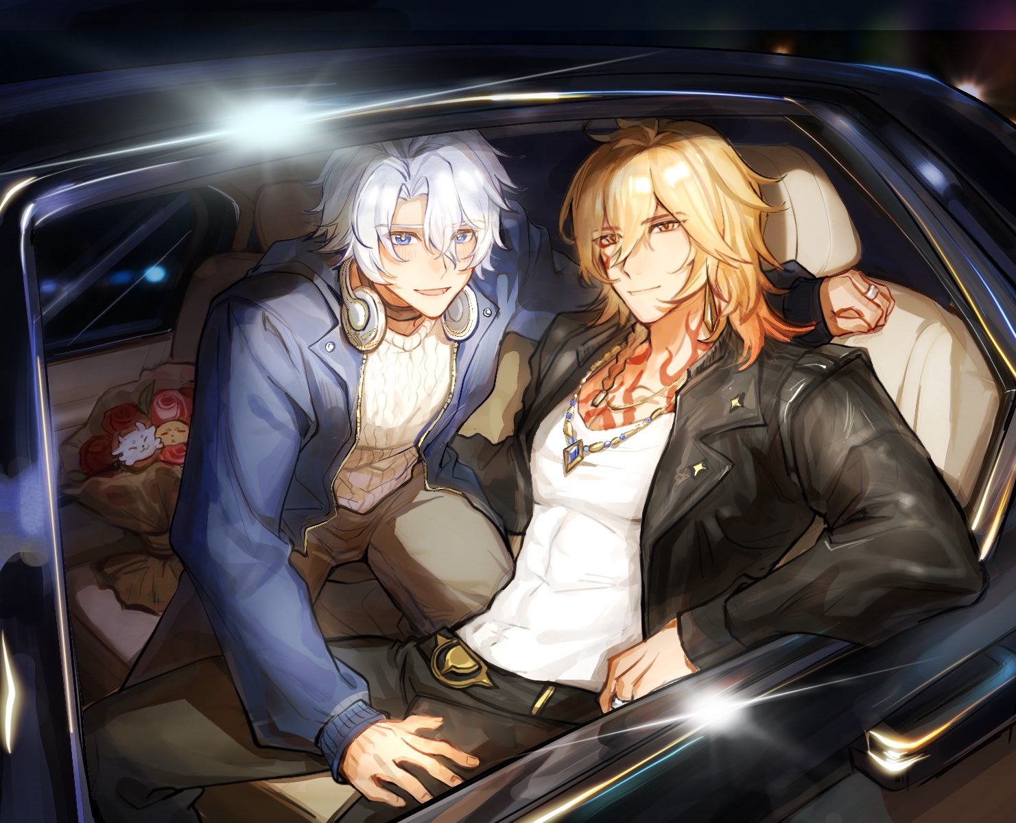 mydei (honkai: star rail), phainon (honkai: star rail), honkai: star rail, honkai (series), commentary, highres, symbol-only commentary, 2boys, antenna hair, arm tattoo, belt, black belt, black jacket, black pants, blonde hair, blue eyes, blue jacket, braid, car, chest tattoo, covered abs, ducksaisai, facial tattoo, gradient hair, hand on another's thigh, jacket, jewelry, leather, leather jacket, male focus, medium hair, motor vehicle, multicolored hair, multiple boys, necklace, on car, open clothes, open jacket, pants, parted bangs, red hair, red tattoo, shirt, short hair, side braid, sweater, tattoo, toned, toned male, white hair, white shirt, white sweater, yellow eyes