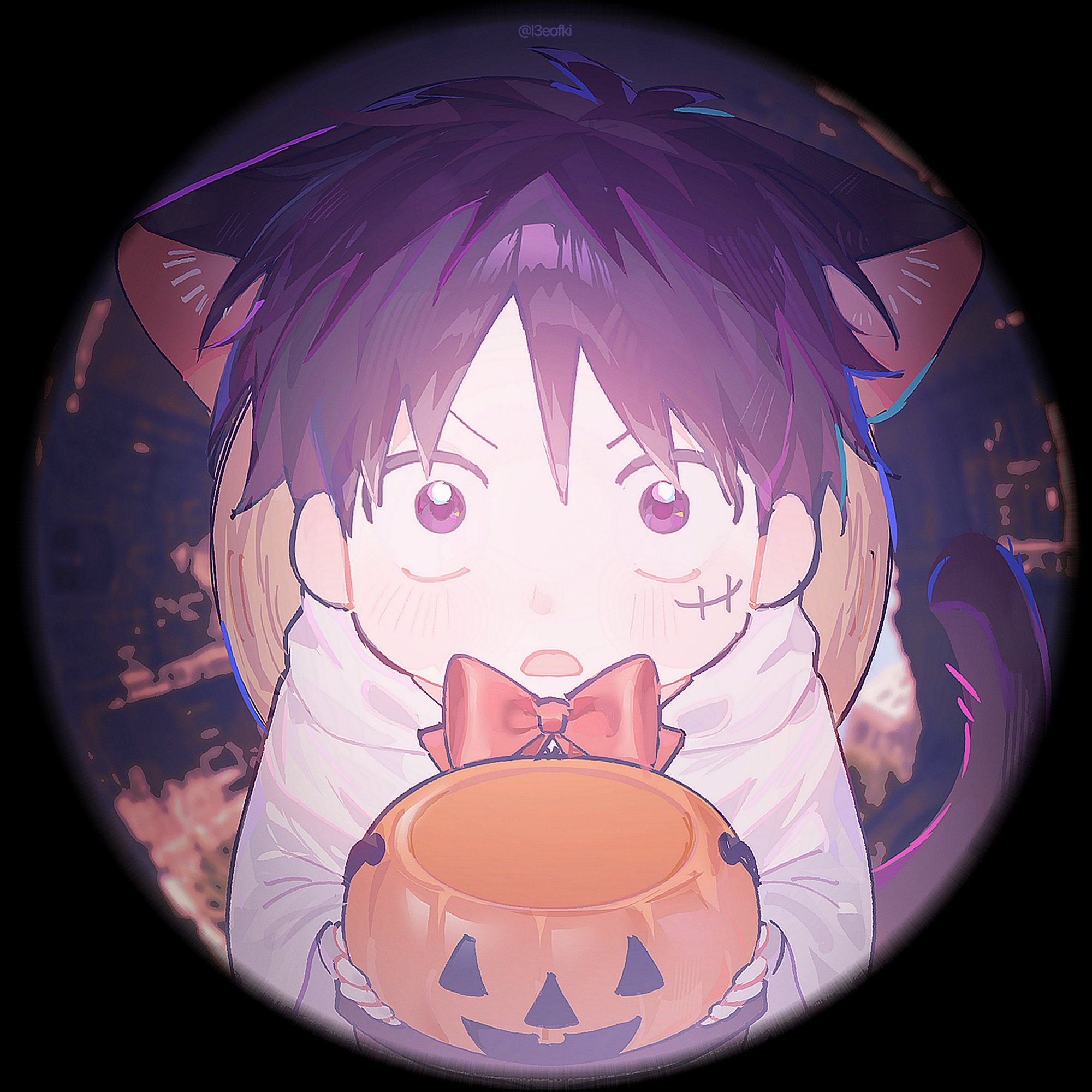 l3eofki, monkey d. luffy, one piece, commentary request, highres, korean commentary, 1boy, animal ears, black background, black hair, bow, bucket, cat boy, cat ears, cat tail, facial scar, ghost costume, grey eyes, halloween bucket, halloween costume, hat, holding, holding bucket, looking at viewer, male focus, pov peephole, red bow, scar, scar on cheek, scar on face, short hair, solo, straw hat, tail, unworn hat, unworn headwear, wide-eyed