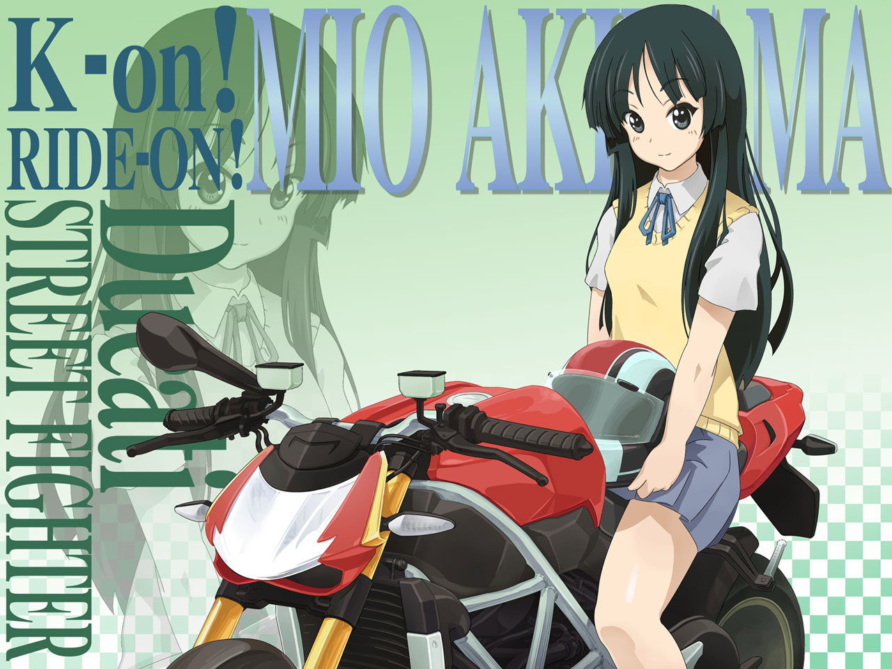 rosegray, akiyama mio, ducati, k-on!, vehicle, bad id, bad pixiv id, 00s, 1girl, black eyes, black hair, female focus, helmet, long hair, motor vehicle, motorcycle, school uniform, solo, zoom layer
