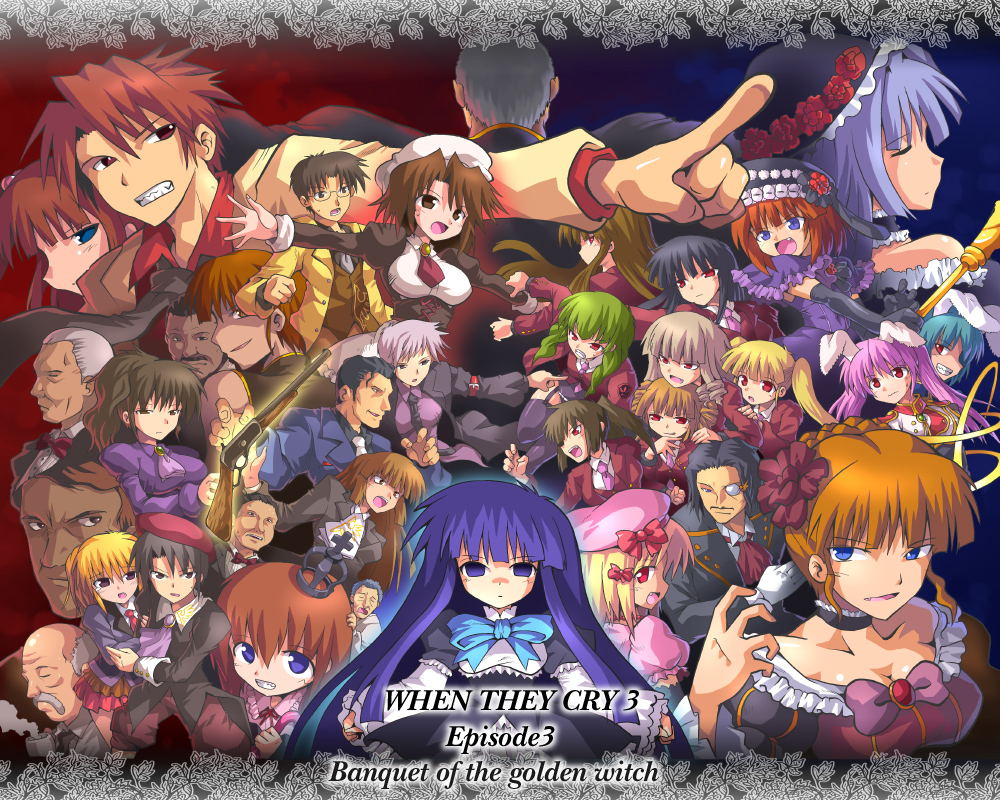 kurogarasu, asmodeus (umineko), beatrice (umineko), beelzebub (umineko), belphegor (umineko), chiester410, chiester45, chiester sisters, eva beatrice, frederica bernkastel, gouda toshirou, kanon (umineko), kumasawa chiyo, lambdadelta, leviathan (umineko), lucifer (umineko), mammon (umineko), nanjou terumasa, ronoue genji, ronove (umineko), satan (umineko), shannon (umineko), stakes of purgatory, ushiromiya ange, ushiromiya battler, ushiromiya george, ushiromiya hideyoshi, ushiromiya jessica, ushiromiya kinzou, ushiromiya krauss, ushiromiya kyrie, ushiromiya natsuhi, ushiromiya rosa, ushiromiya rudolf, virgilia (umineko), 07th expansion, no naku koro ni (series), umineko no naku koro ni, 00s, 6+boys, 6+girls, absolutely everyone, blonde hair, blood, blue eyes, breasts, brown eyes, brown hair, bug, butterfly, cleavage, closed eyes, crown, everyone, fang, flower, grey hair, hair bobbles, hair ornament, hat, insect, large breasts, long hair, medium breasts, multiple boys, multiple girls, necktie, pink hat, pink necktie, polearm, ponytail, purple eyes, purple hair, red hair, rose, short hair, smile, spear, twintails, weapon