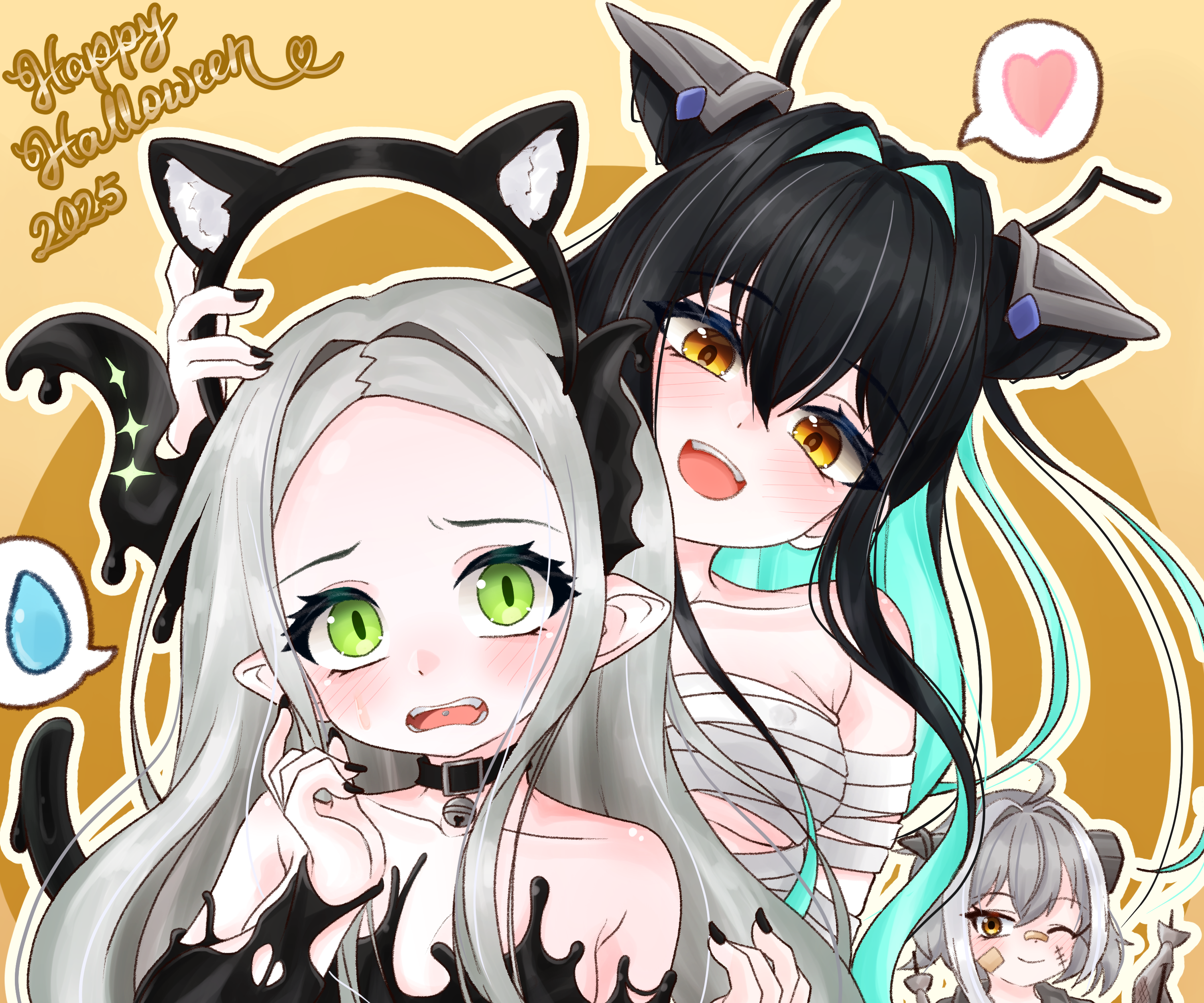 furuki yoki bon odori, leviathan (nikke), little mermaid (nikke), mori (nikke), goddess of victory: nikke, shiny eyes, absurdres, highres, 3girls, ahoge, animal ears, bandaid, bandaid on face, bandaid on nose, bell, black hair, black horns, black nails, breasts, cat ears, cat tail, colored inner hair, fangs, flower-shaped hair, forehead, green eyes, grey hair, halloween, halloween costume, horns, liquid clothes, long hair, medium breasts, multicolored hair, multiple girls, mummy costume, neck bell, object through head, one eye closed, open mouth, piercing, pointy ears, screw in head, short hair, simple background, small breasts, smile, speech bubble, tail, tongue piercing, yellow eyes