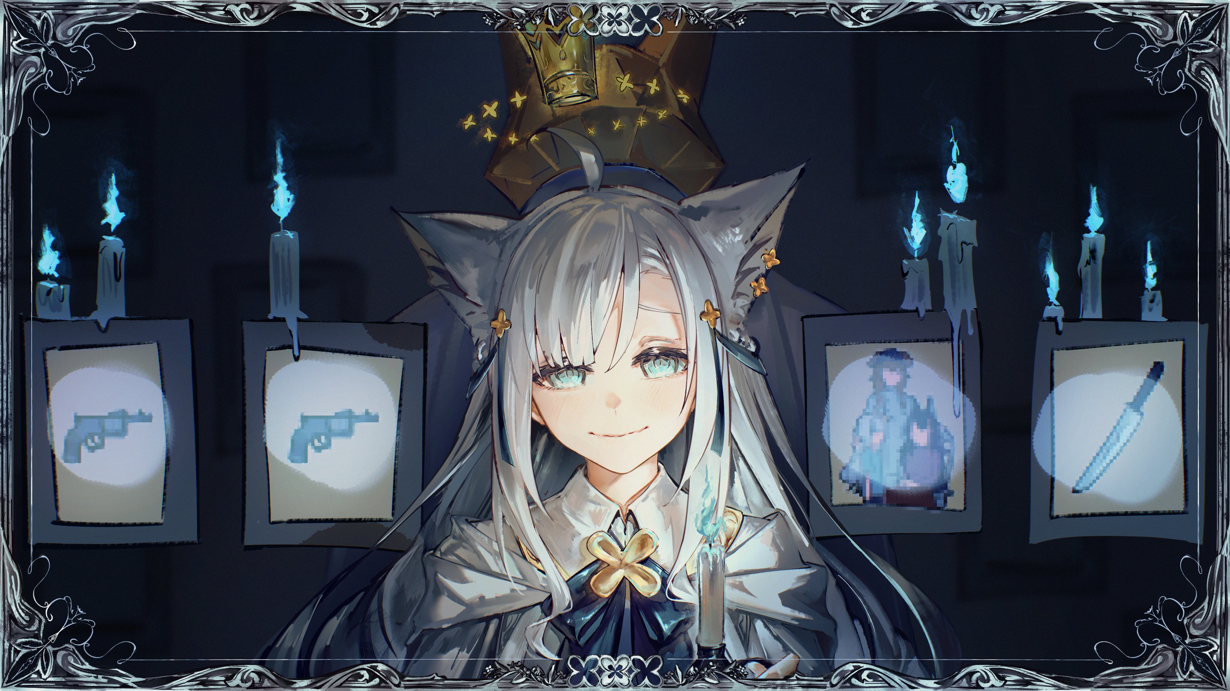 hyde (tabakko), shirakami fubuki, shirakami fubuki (saint), hololive, absurdres, commentary request, highres, 1girl, animal ears, aqua eyes, blue bow, blue bowtie, blush, border, bow, bowtie, candle, candle wax, cape, closed mouth, crown, floating crown, fox ears, fox girl, head tilt, long hair, looking at viewer, ornate border, parted bangs, picture frame, smile, solo, upper body, virtual youtuber, white cape, white hair
