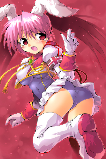 kurogarasu, chiester45, umineko no naku koro ni, character request, 00s, 1girl, animal ears, boots, female focus, leotard, pink hair, rabbit ears, red eyes, school swimsuit, showgirl skirt, solo, swimsuit, thigh boots, thighhighs