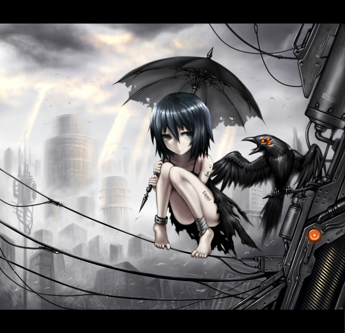 gia, original, 1girl, bare shoulders, barefoot, bird, black dress, blue eyes, blue hair, cable, city, cloud, crow, cyberpunk, dress, female focus, letterboxed, light rays, matching hair/eyes, pale skin, scenery, short hair, solo, squatting, sunbeam, sunlight, umbrella, wire