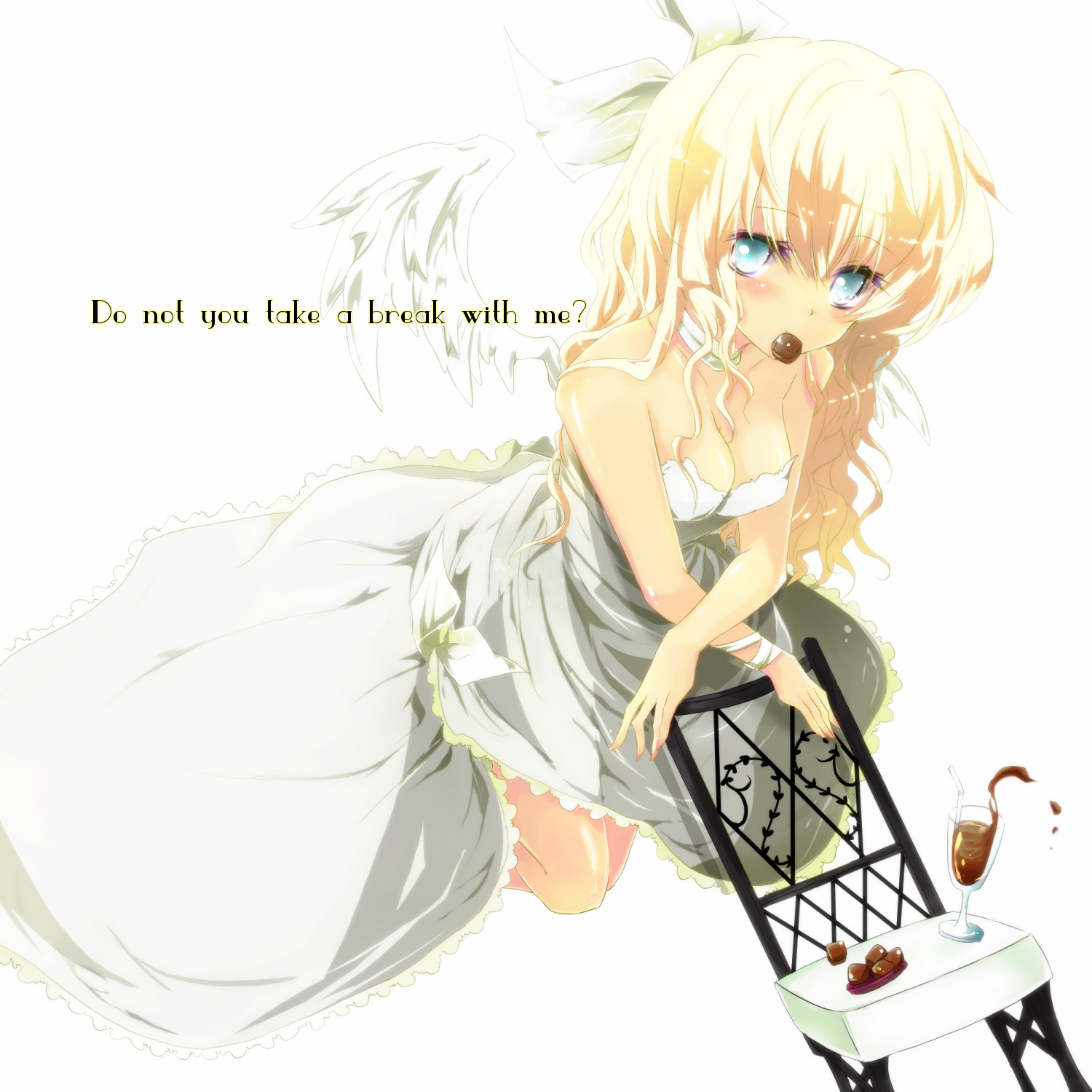 ichiyou moka, original, bad id, bad pixiv id, highres, 1girl, angel, angel wings, blonde hair, blue eyes, breasts, chair, cleavage, dress, english text, engrish text, female focus, food, glass, medium breasts, mouth hold, ranguage, solo, wings