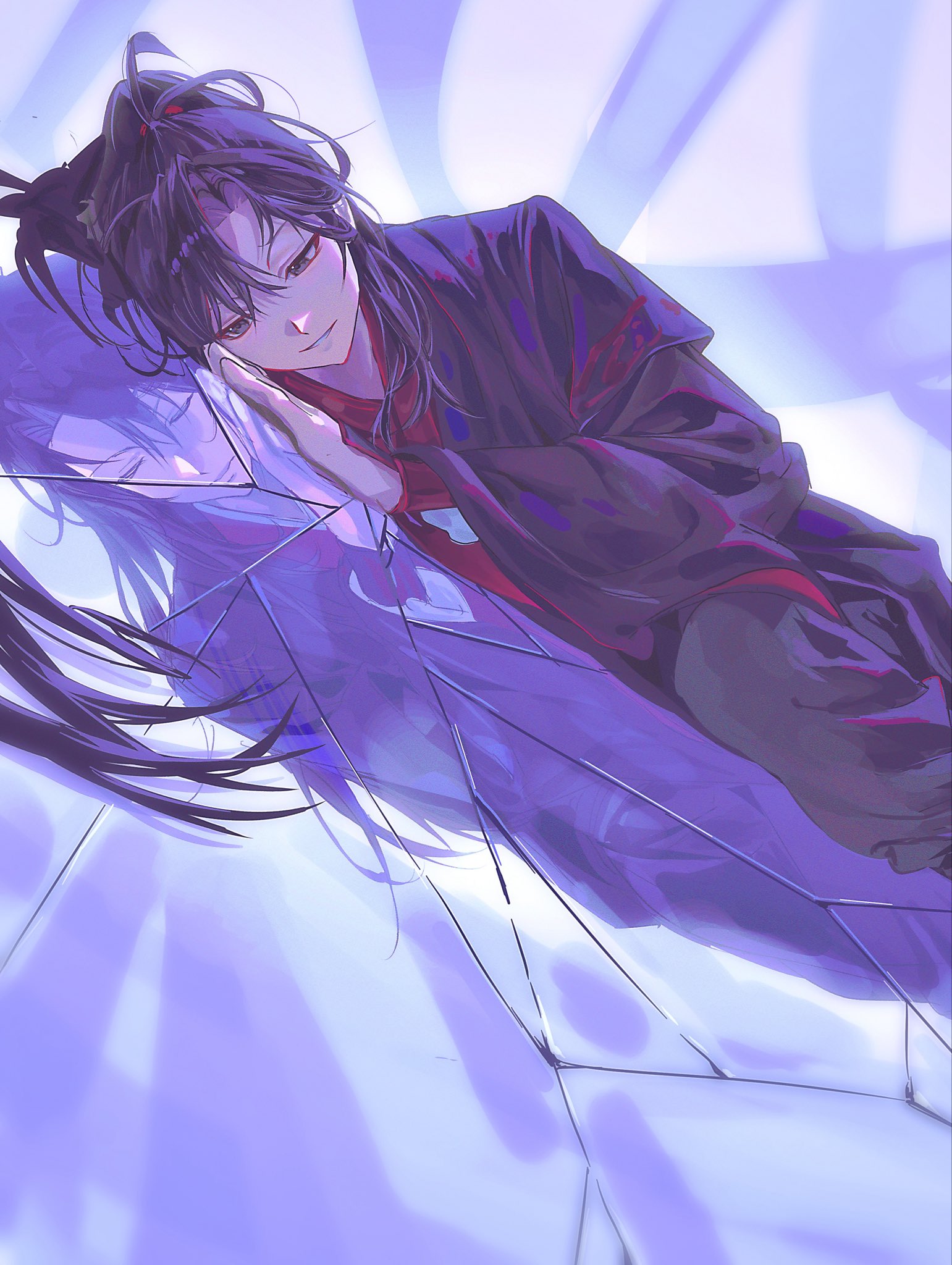 wei wuxian, modao zushi, highres, 1boy, ahoge, bishounen, black eyes, black hair, black hanfu, black pants, chinese clothes, closed eyes, crack, cracked floor, cracked glass, different reflection, glass, hand on mirror, hanfu, high ponytail, long hair, long sleeves, looking at mirror, looking down, lying, male focus, mirror, on floor, on side, pants, parted lips, ponytail, reflection, reflective floor, robe, smile, solo, somomori, very long hair, wide sleeves