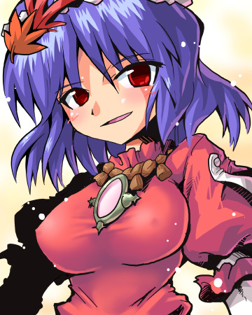 kurogarasu, yasaka kanako, touhou, lowres, 1girl, female focus, hair ornament, leaf, leaf hair ornament, purple hair, red eyes, short hair, solo