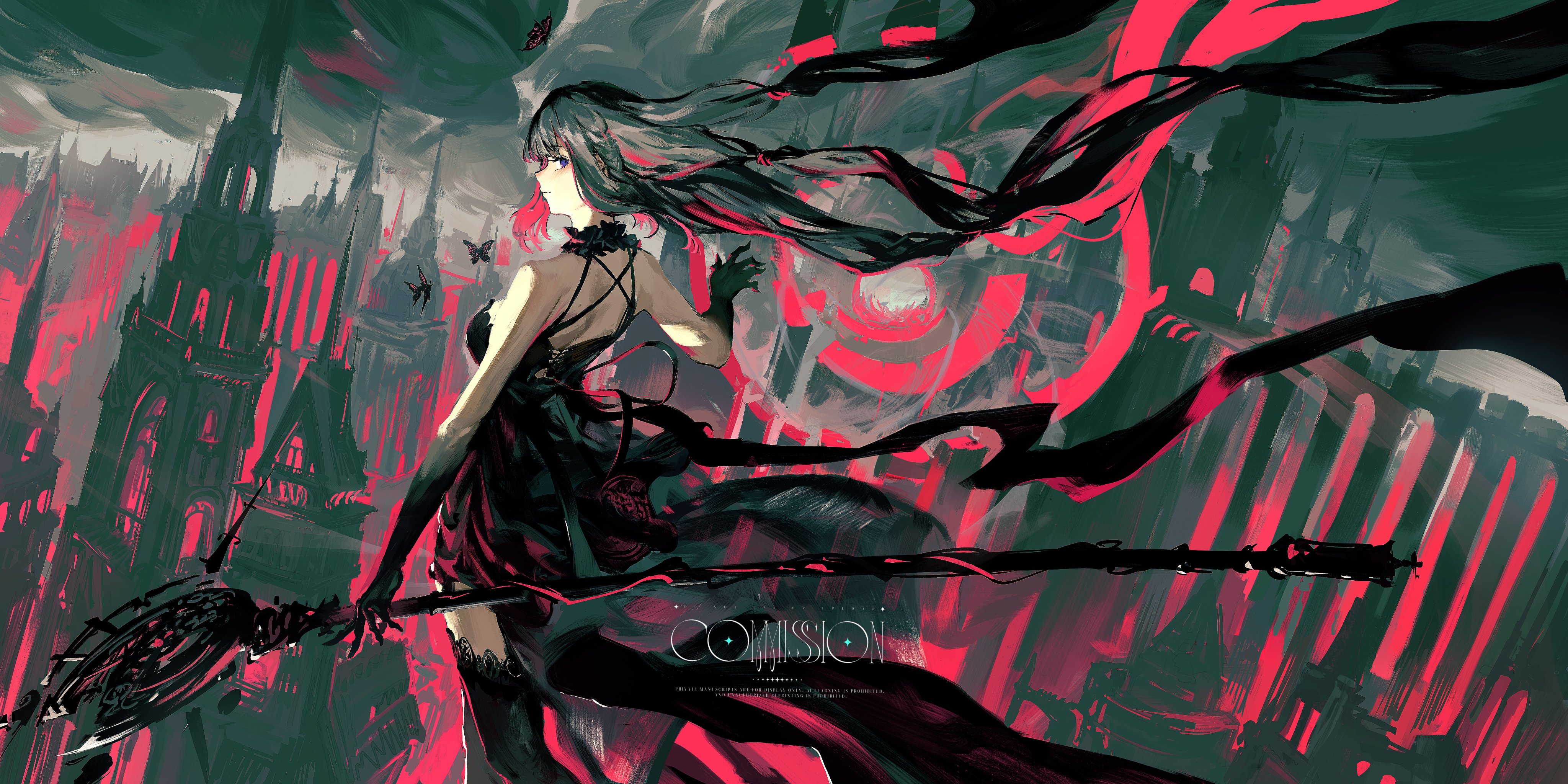 lemtun, absurdres, character request, copyright request, highres, 1girl, bare shoulders, black dress, breasts, bug, butterfly, dress, floating hair, holding, insect, long hair, looking at viewer, solo, thighhighs, very long hair