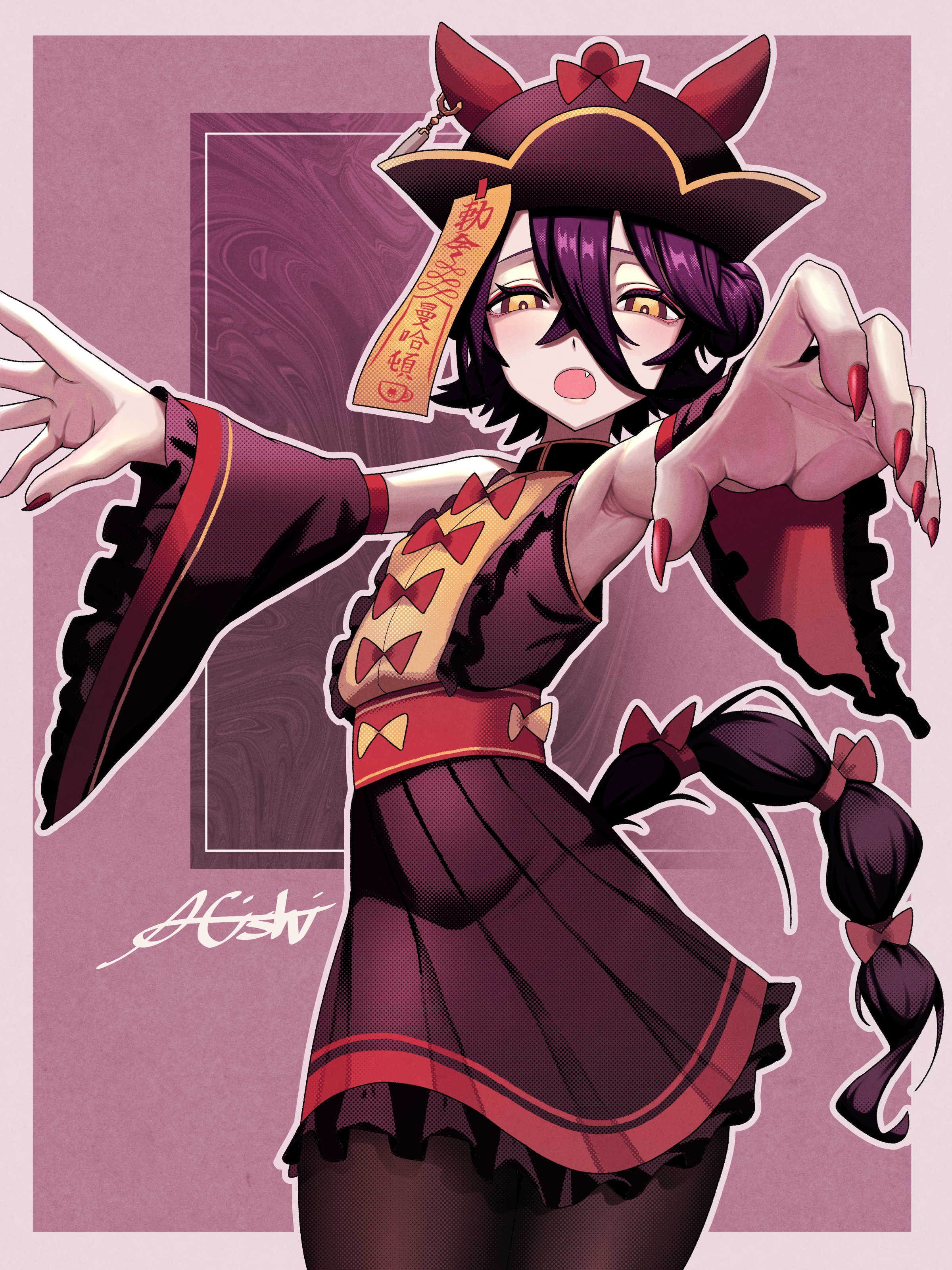 a4 (a4 eishi), adagumo no saragimaru, manhattan cafe (umamusume), umamusume, absurdres, highres, 1girl, alternate hairstyle, animal ears, armpits, black hair, black hat, black pantyhose, black shirt, black skirt, bow, braided tail, detached sleeves, donut hair bun, fang, fingernails, flat chest, frilled sleeves, frills, hair between eyes, hair bun, hat, high-waist skirt, horse ears, horse girl, horse tail, nail polish, ofuda, ofuda on head, open mouth, outstretched arms, pantyhose, pleated skirt, qingdai guanmao, red bow, red nails, sharp fingernails, shirt, short hair, signature, skirt, solo, tail, zombie pose