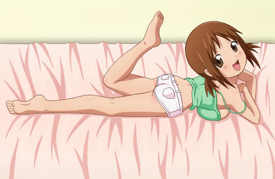 hinako (issho ni training), issho ni training, 00s, 10s, ass, bad anatomy, barefoot, bed, breasts, brown eyes, brown hair, lying, open mouth, short hair, shorts