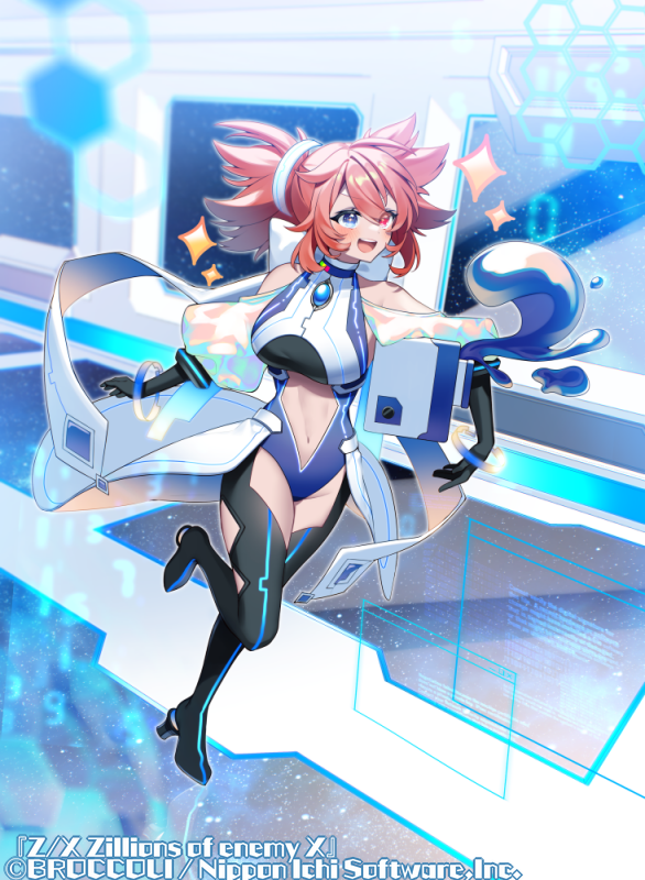 anzu 1026, z/x, official art, 1girl, alicia zinnia goodwill, bare shoulders, blue eyes, blue leotard, boots, breasts, clothing cutout, copyright notice, hair ornament, heterochromia, high heel boots, high heels, indoors, large breasts, leotard, navel, navel cutout, open mouth, pink hair, red eyes, slime (creature), solo, sparkle, standing, standing on one leg, teeth, twintails, upper teeth only