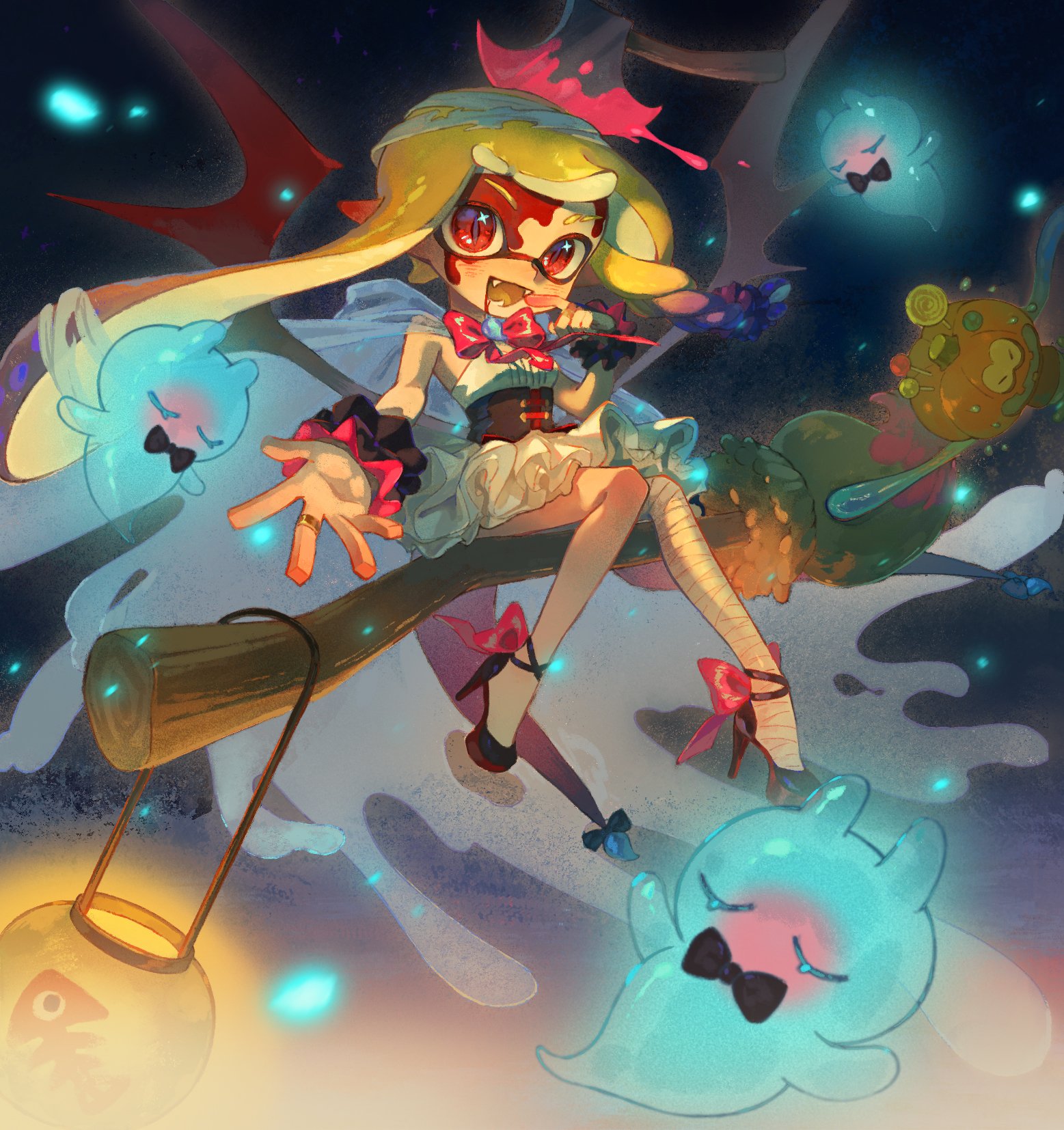 dmwggg, inkling girl, inkling player character, jellyfish (splatoon), nintendo, splatoon (series), splatoon 3, commentary request, highres, 1girl, :d, axe in head, bandaged head, bandaged leg, bandages, black shoes, black wrist cuffs, blonde hair, blood, blood from forehead, blood from mouth, blue hair, bow, bowtie, braid, broom, broom riding, cape, colored tongue, dress, eyebrow cut, fangs, finger to mouth, footwear bow, full body, gradient hair, halloween, hood, hood down, hooded cape, inkling, jewelry, long hair, looking at viewer, multicolored hair, open mouth, pink bow, pointy ears, red bow, red bowtie, red eyes, red tail, red wings, ring, see-through cape, shoes, single braid, smile, strapless, strapless dress, tentacle hair, very long hair, white cape, white dress, wings, wrist cuffs, yellow tongue