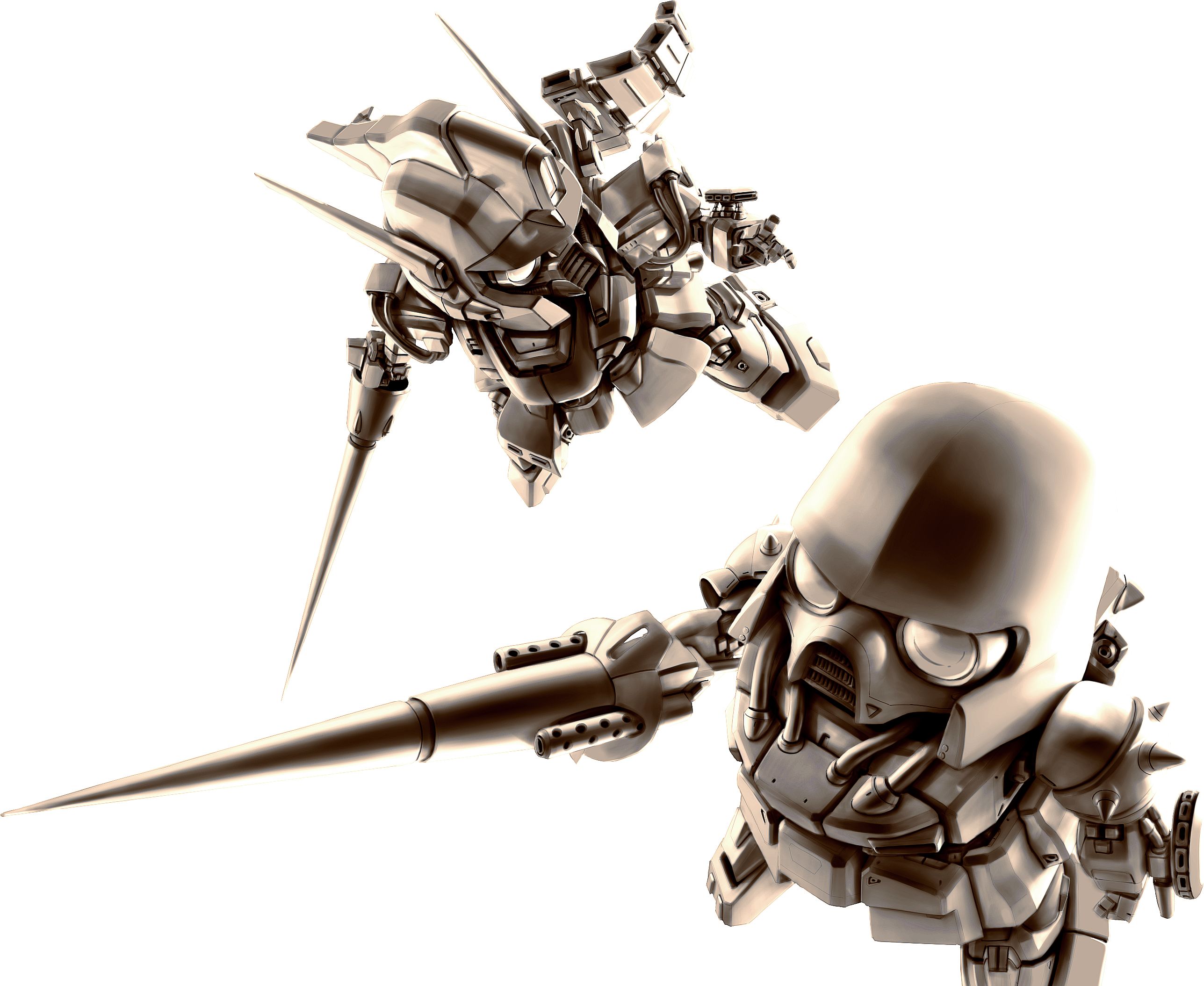 kou (mechalog), berga giros, den'an zon, gundam, gundam f91, sd gundam, highres, 1990s (style), chibi, greyscale, lance, mecha, monochrome, polearm, retro artstyle, robot, sepia, spear, weapon