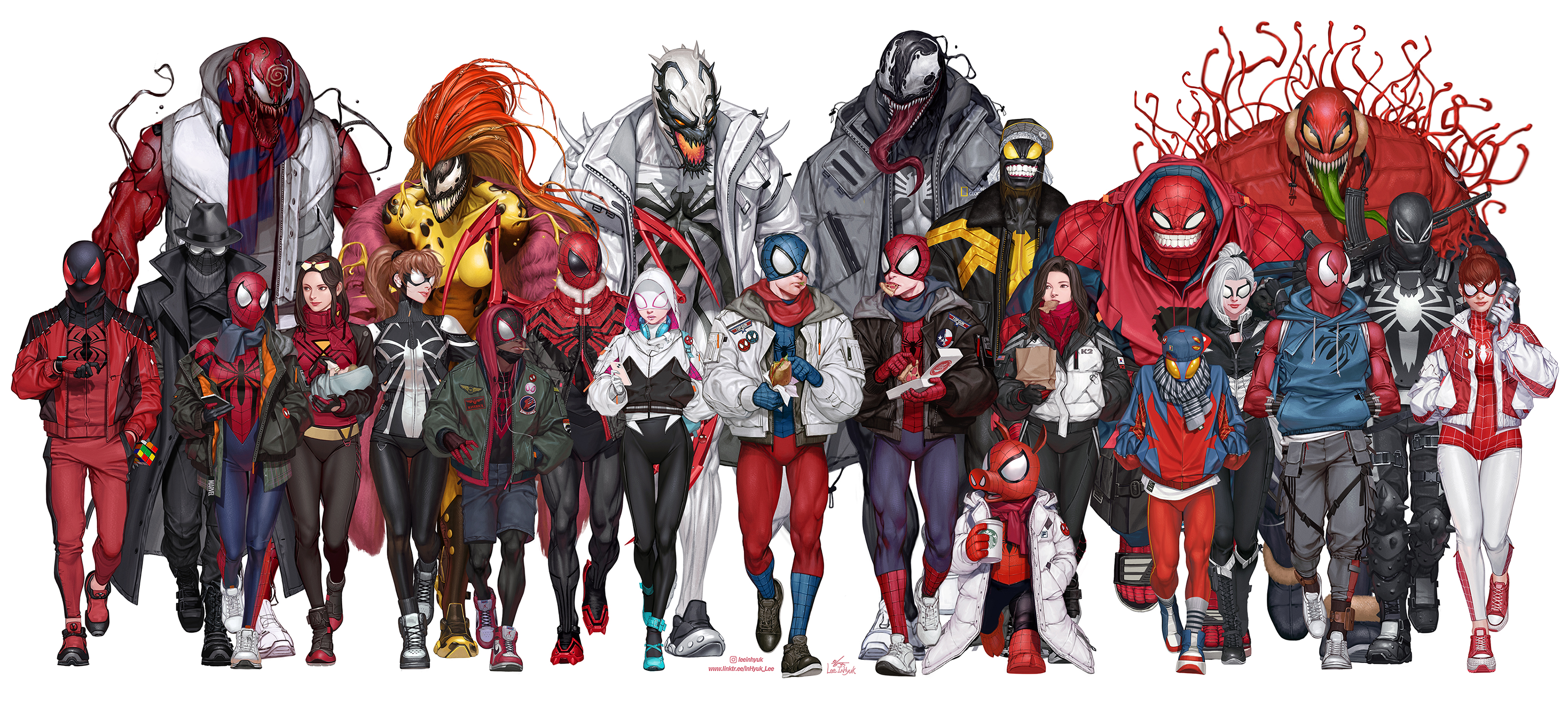 in-hyuk lee, agent venom, anti-venom, anya corazon, ben reilly, carnage (marvel), cindy moon, felicia hardy, gwen stacy, jessica drew, mary jane watson, miles morales, otto octavius, peter parker, scarlet spider, scream (marvel), shocker (spider-man), silk (marvel), spider-boy (spider-man), spider-girl, spider-gwen, spider-ham, spider-man (miles morales), spider-man noir, spider-woman, spinneret (marvel), superior spider-man, venom (marvel), marvel, spider-man: into the spider-verse, spider-man (series), spider-verse, absurdres, highres, animal print, bodysuit, food, hat, hood, hooded bodysuit, jacket, long hair, long tongue, looking at viewer, male focus, mask, multicolored bodysuit, multiple boys, muscular, open mouth, ponytail, red hair, scarf, sharp teeth, smile, spider-man logo, spider print, spider web print, superhero costume, symbiote, teeth, tentacles, tongue, two-tone bodysuit, white hair