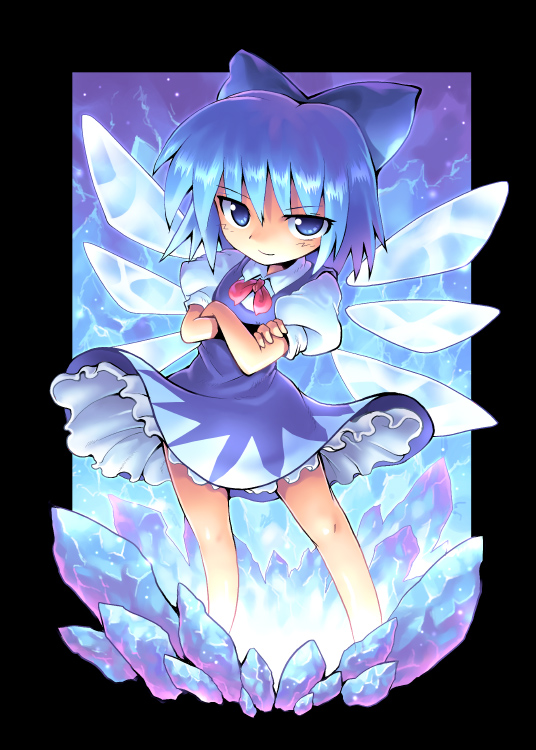 kurogarasu, cirno, embodiment of scarlet devil, touhou, 1girl, blue eyes, blue hair, border, female focus, matching hair/eyes, outside border, short hair, solo, wings