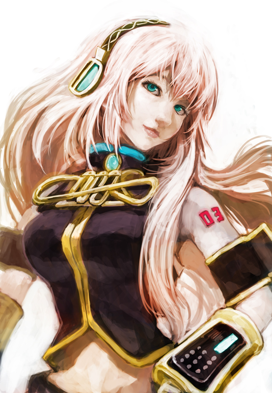 lack, megurine luka, vocaloid, bad id, bad pixiv id, 1girl, aqua eyes, armband, bare shoulders, detached sleeves, female focus, lips, long hair, midriff, pink hair, simple background, smile, solo