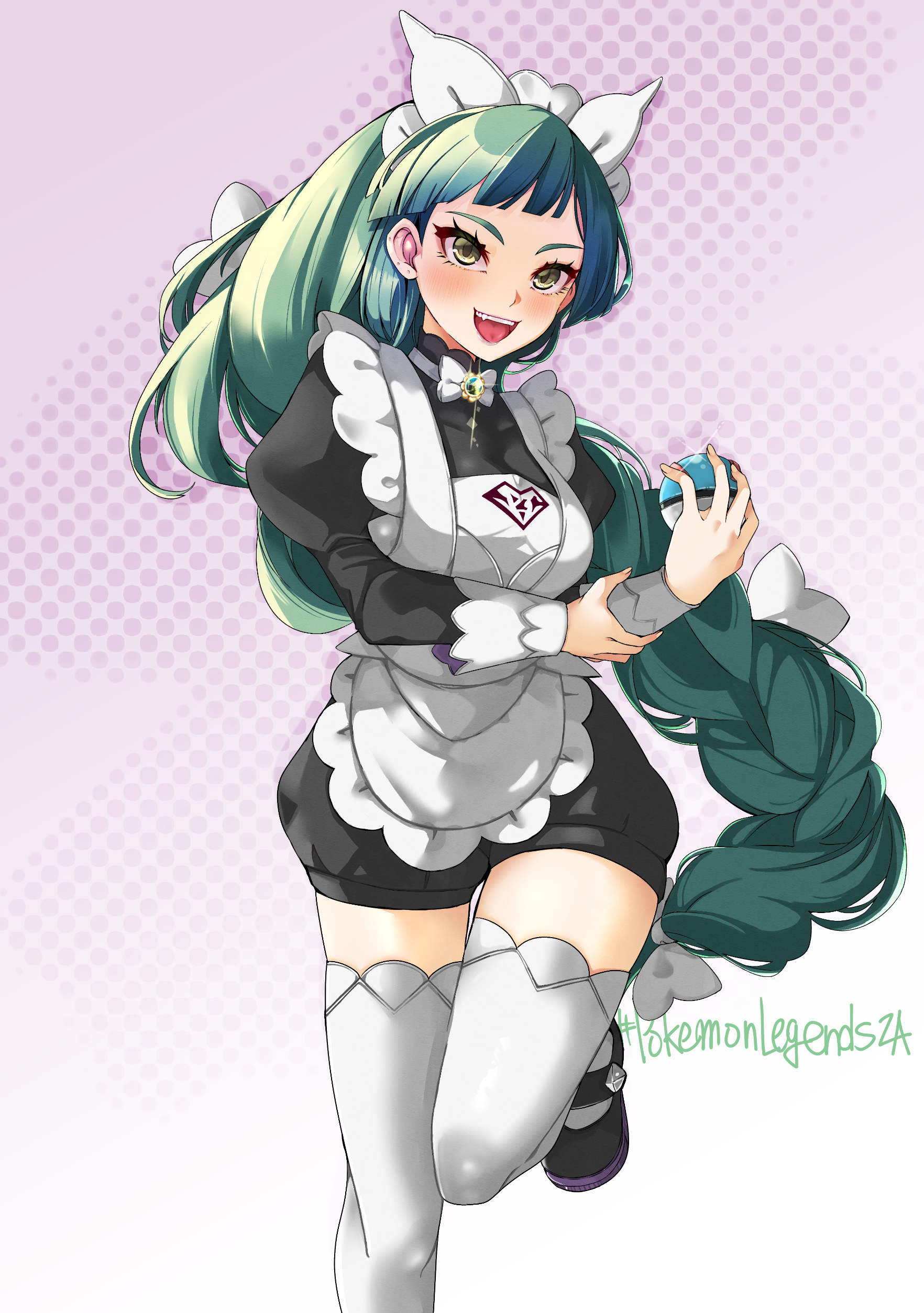 midoridama, lebanne (pokemon), nintendo, pokemon, pokemon legends: z-a, absurdres, highres, mixed-language commentary, 1girl, :d, apron, black shoes, blush, bow, braid, copyright name, eyelashes, green hair, hair bow, happy, headdress, holding, holding poke ball, knees together feet apart, leg up, long hair, long sleeves, maid, open mouth, poke ball, puffy sleeves, shoes, smile, solo, teeth, thighhighs, upper teeth only, white bow