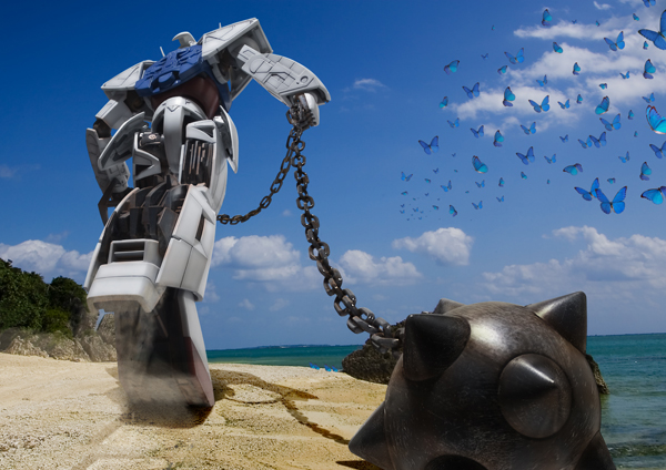 robographer, turn a gundam (mobile suit), gundam, turn a gundam, ball and chain (weapon), beach, bug, butterfly, flail, insect, mecha, no humans, outdoors, robot, sand, sky, solo, spiked ball and chain, weapon