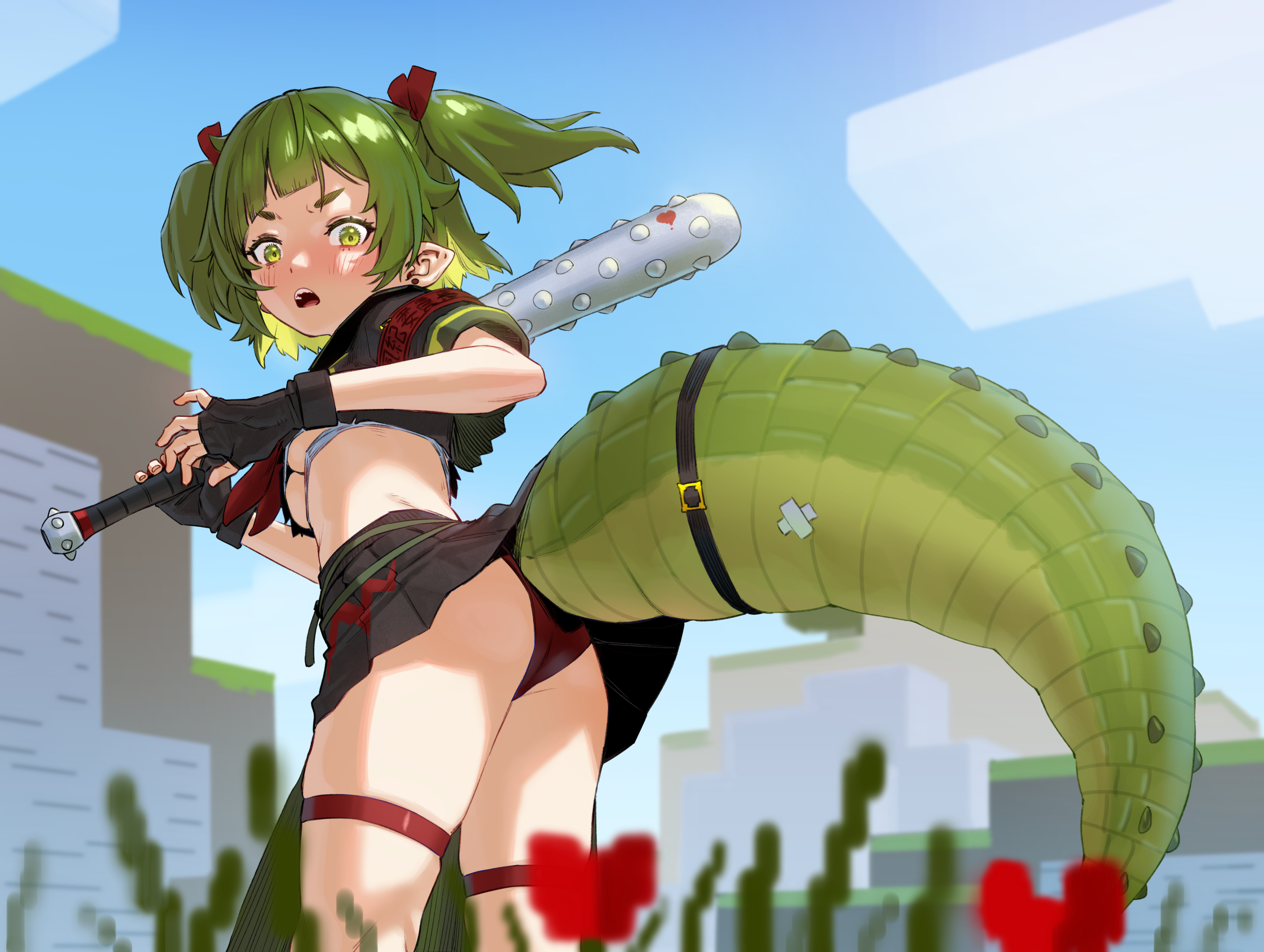 agemmata, nitya nil, phase connect, highres, 1girl, armband, ass, baseball bat, belt, black gloves, black shirt, black skirt, blue sky, blush, breasts, cloud, cloudy sky, crocodile girl, crocodilian tail, earrings, feet out of frame, fingerless gloves, furrowed brow, gloves, grass, green eyes, green hair, hair ribbon, holding, holding baseball bat, jewelry, looking at viewer, looking back, midriff, minecraft (style), neckerchief, open mouth, outdoors, panties, pleated skirt, pointy ears, red armband, red neckerchief, red panties, ribbon, school uniform, serafuku, shirt, short eyebrows, short hair, short sleeves, skirt, sky, tail, thigh strap, twintails, underboob, underwear, v-shaped eyebrows, virtual youtuber