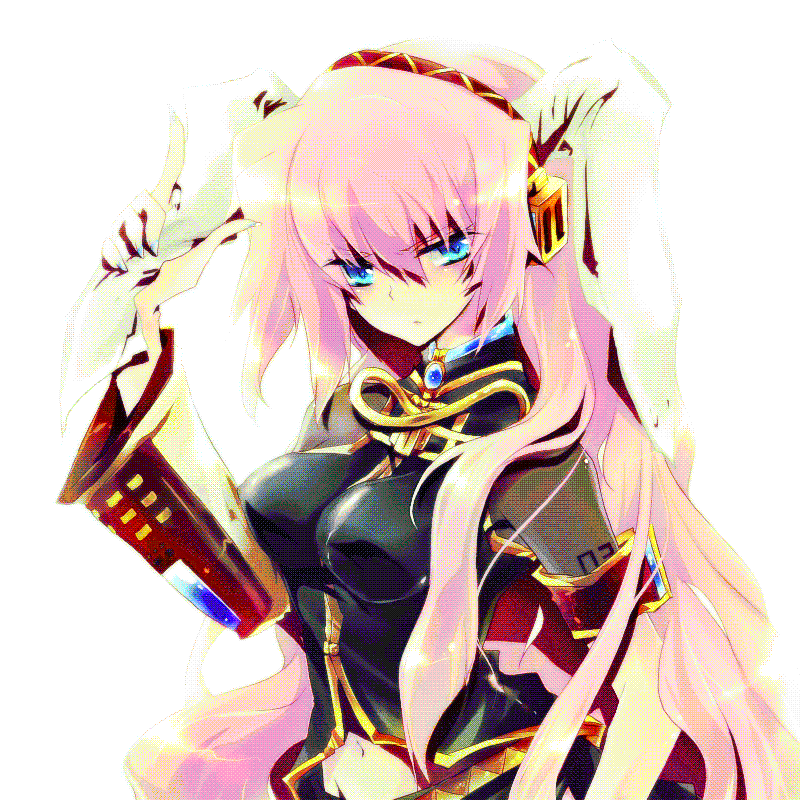 ichiyou moka, megurine luka, vocaloid, animal ears, aqua eyes, long hair, midriff, navel, pink hair, rabbit ears, solo, very long hair