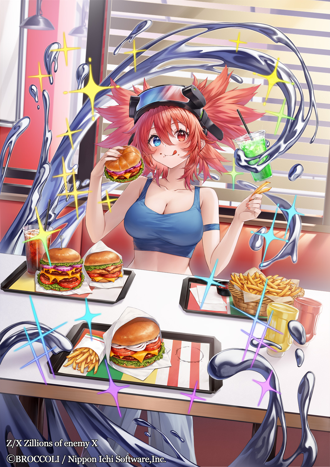 chabaneko, z/x, highres, official art, 1girl, alicia zinnia goodwill, blue eyes, breasts, burger, cleavage, closed mouth, copyright notice, crop top, cup, disposable cup, drinking straw, fast food, food, food on face, french fries, goggles, goggles on head, grey pants, hair between eyes, heterochromia, holding, holding burger, holding food, indoors, large breasts, medium hair, pants, red eyes, slime (creature), solo, table, tongue, tongue out, two side up