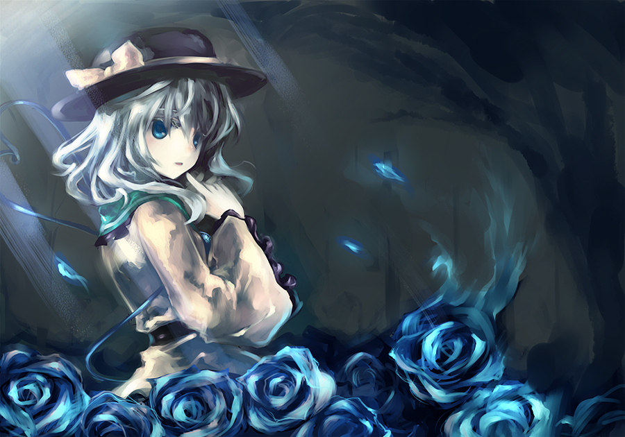 fori, komeiji koishi, touhou, silver hair, bad id, bad pixiv id, 1girl, blue eyes, blue flower, blue rose, bow, female focus, finger to mouth, flower, hat, looking back, rose, solo, sunlight