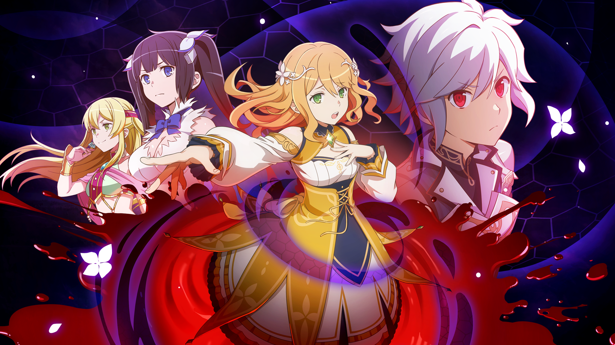 aphrodite (danmachi), bell cranel, hestia (danmachi), danmachi battle chronicle, dungeon ni deai wo motomeru no wa machigatteiru darou ka, game cg, highres, non-web source, official art, 1boy, 3girls, above-cleavage cutout, anime coloring, armor, bare shoulders, black hair, blonde hair, blood, blue bow, blue bowtie, blue eyes, bow, bowtie, breastplate, breasts, cleavage, cleavage cutout, closed mouth, clothing cutout, dress, earrings, gem, green eyes, green gemstone, hair ornament, hair ribbon, hand on own chest, harmonia (danmachi), jewelry, long hair, looking at viewer, medium breasts, multicolored dress, multiple girls, official alternate costume, open mouth, orange dress, orange hair, pool of blood, red eyes, ribbon, serious, shell, shell earrings, short hair, sidelocks, twintails, wading, white dress, white ribbon