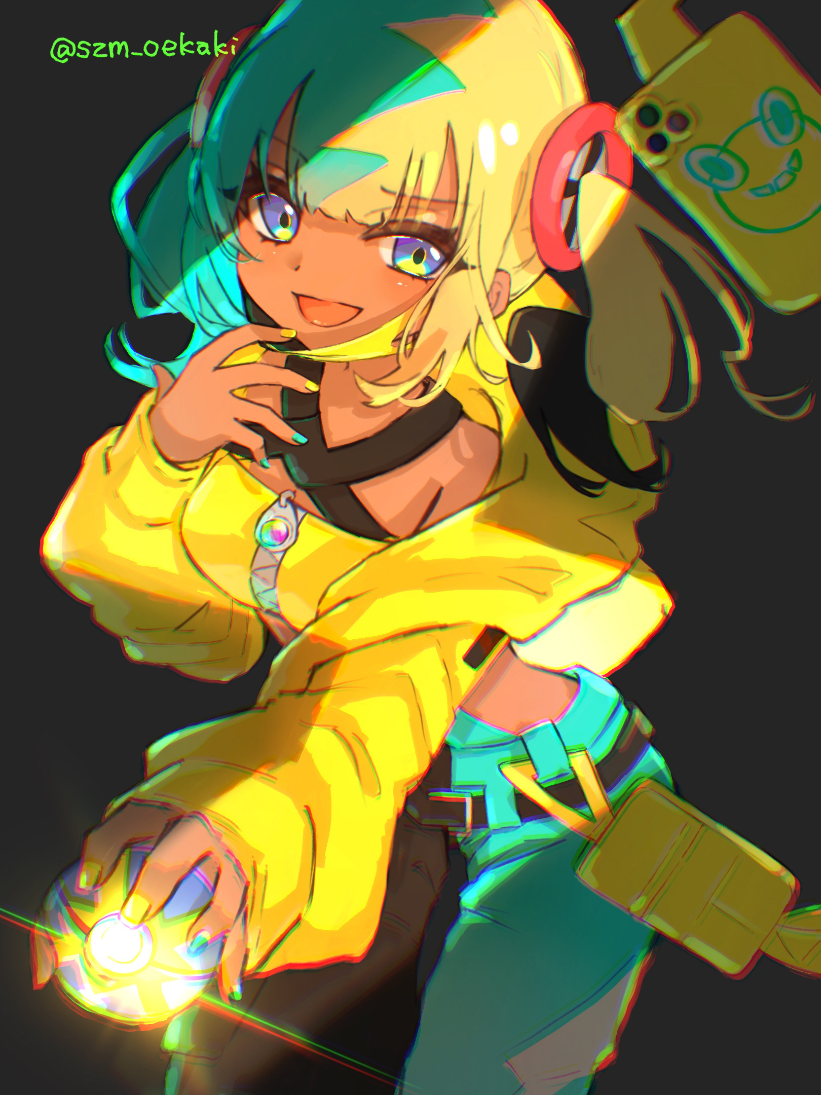 ank836, canari (pokemon), rotom, rotom phone, nintendo, pokemon, pokemon legends: z-a, commentary request, highres, 1girl, :d, bandeau, belt, black belt, blue eyes, eyelashes, gen 4 pokemon, grey background, happy, holding, holding poke ball, jacket, long sleeves, mask, mask pull, mouth mask, multicolored hair, nail polish, open clothes, open jacket, open mouth, pants, poke ball, quick ball, smile, twintails, watermark, yellow bandeau, yellow jacket, zipper, zipper pull tab