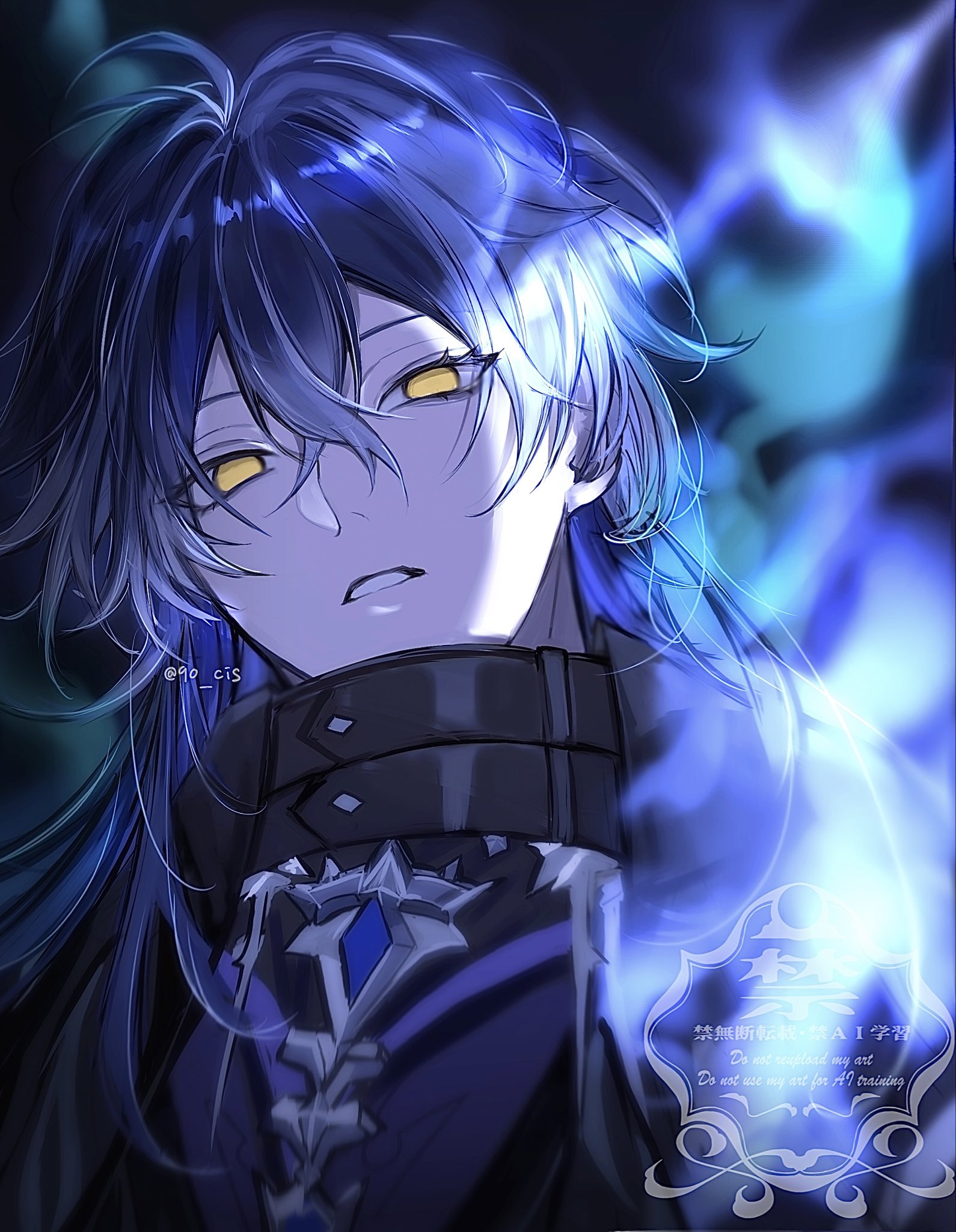 90 cis, flins (genshin impact), genshin impact, commentary request, highres, 1boy, black shirt, blue fire, blue gemstone, blue hair, capelet, collared capelet, double-parted bangs, empty eyes, eyelashes, fire, gem, hair between eyes, long hair, looking at viewer, male focus, parted lips, shirt, solo, teeth, twitter username, watermark, yellow eyes