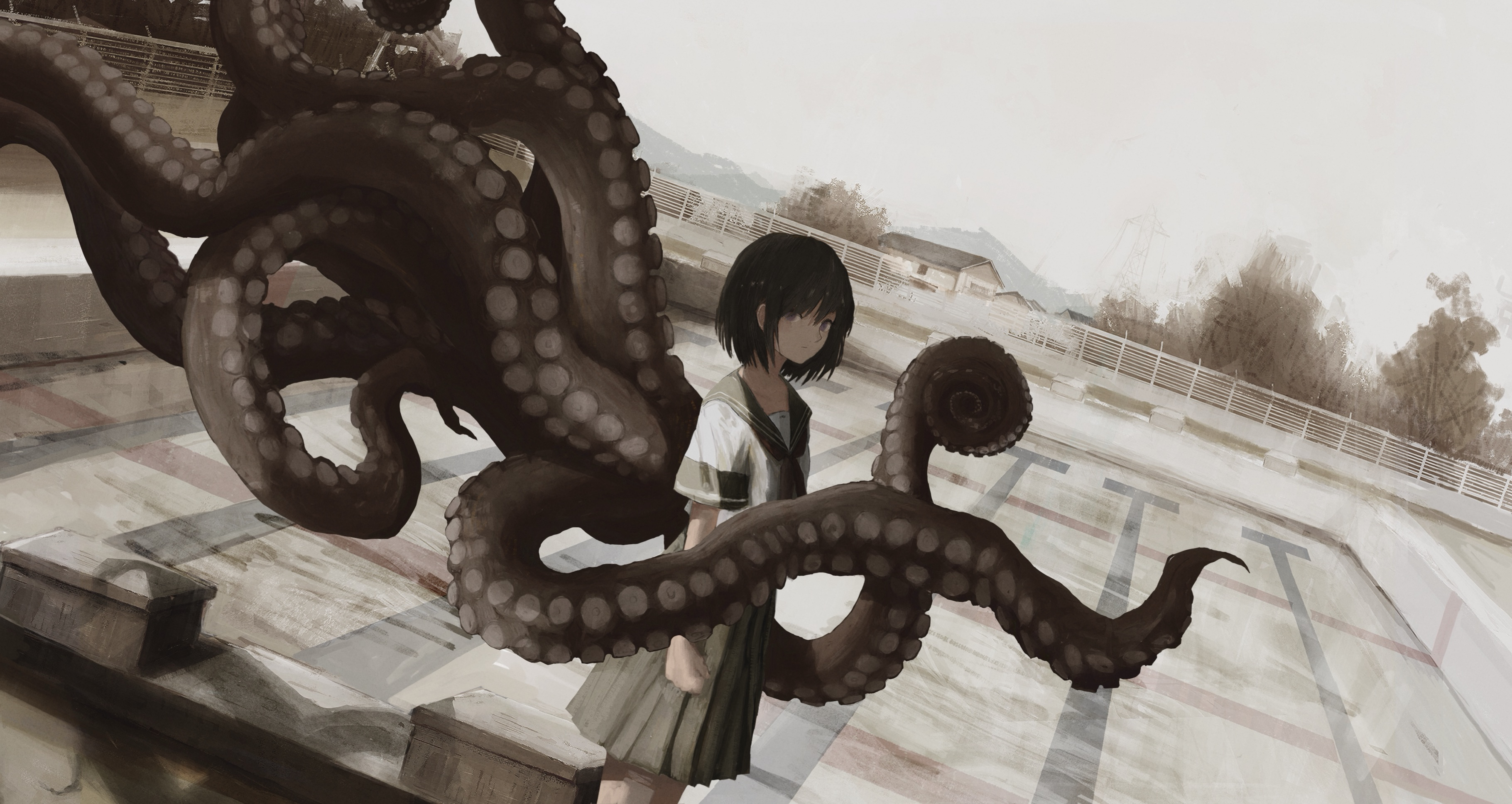 kogumo kei, original, absurdres, highres, 1girl, black hair, building, empty pool, expressionless, grey sky, neckerchief, outdoors, pleated skirt, pool, sailor collar, shirt, short sleeves, skirt, sky, solo, standing, suction cups, tentacles