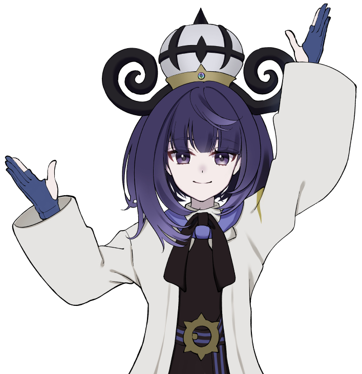 gwynn (pokemon), nintendo, pokemon, pokemon legends: z-a, commentary request, 1girl, arm up, black dress, black hair, black ribbon, closed mouth, coat, dress, fuyuno (0s5f5), gloves, grey eyes, hand up, hat, long hair, looking at viewer, neck ribbon, open clothes, open coat, partially fingerless gloves, ribbon, simple background, smile, solo, upper body, white background