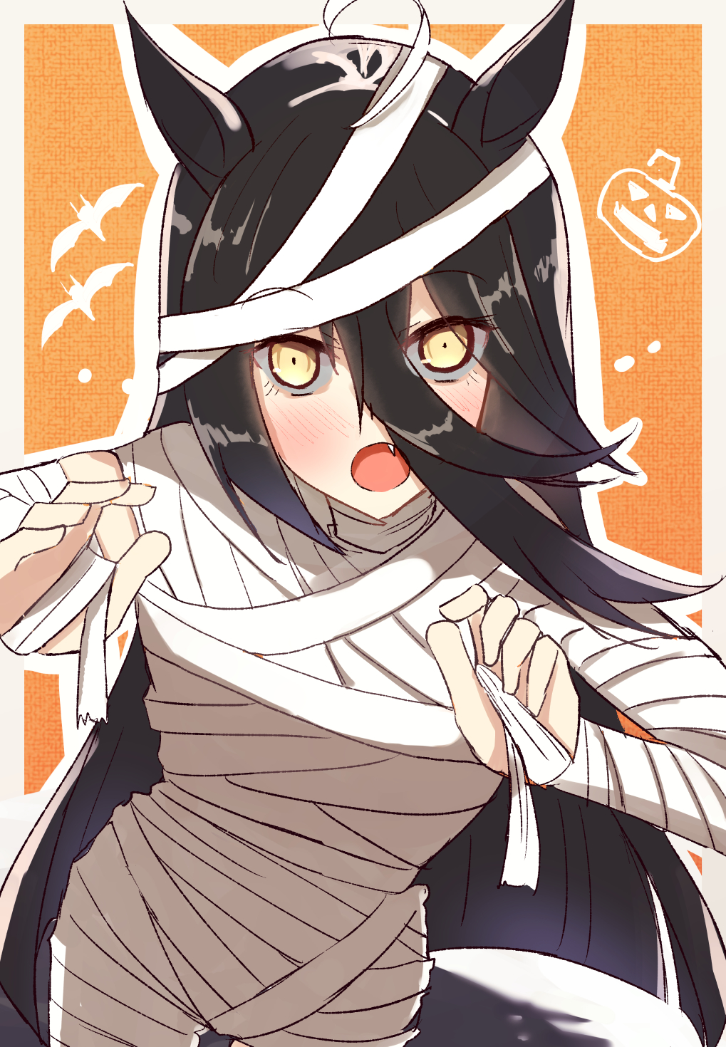 umayonyosi, manhattan cafe (umamusume), umamusume, highres, 1girl, ahoge, animal ears, bandage on hair, bandaged head, bandages, black hair, blush, fang, hair between eyes, halloween costume, hands up, horse ears, horse girl, long bangs, long hair, long hair between eyes, looking at viewer, multicolored hair, mummy costume, solo, very long hair, white hair