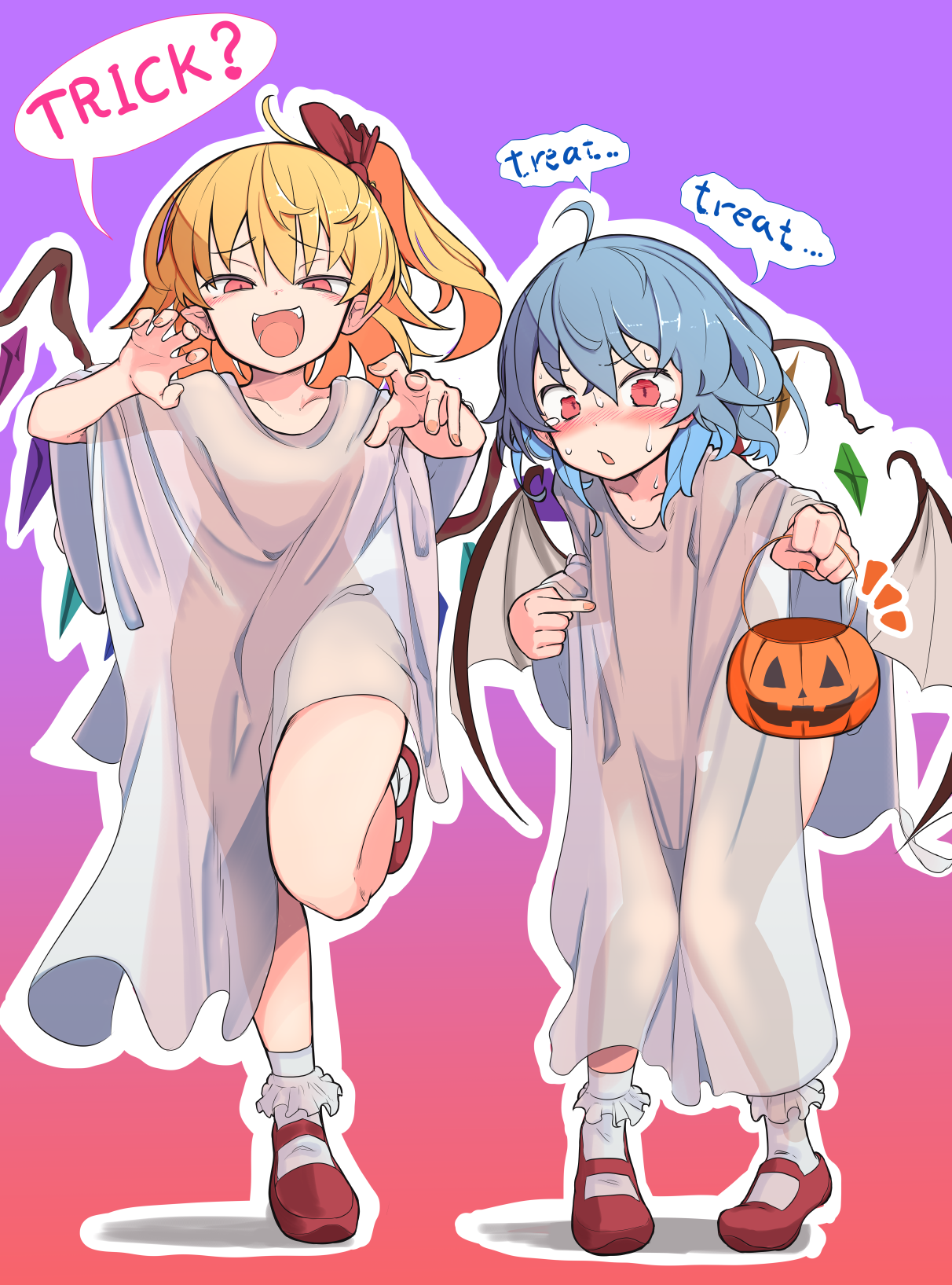 furorina, flandre scarlet, remilia scarlet, touhou, commentary request, highres, 2girls, ahoge, blonde hair, blue hair, claw pose, crystal wings, demon wings, english text, furrowed brow, ghost costume, gradient background, half-closed eyes, halloween, halloween bucket, hands up, long hair, mary janes, medium hair, multiple girls, outline, purple background, red background, red eyes, red shoes, see-through clothes, see-through silhouette, shoes, siblings, sisters, socks, speech bubble, standing, standing on one leg, thigh gap, thighs, white outline, white socks, wings