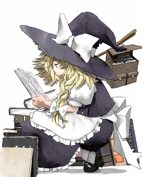 yanomasashi, kirisame marisa, touhou, 1girl, blonde hair, book, braid, broom, female focus, hat, short hair, solo, witch, witch hat