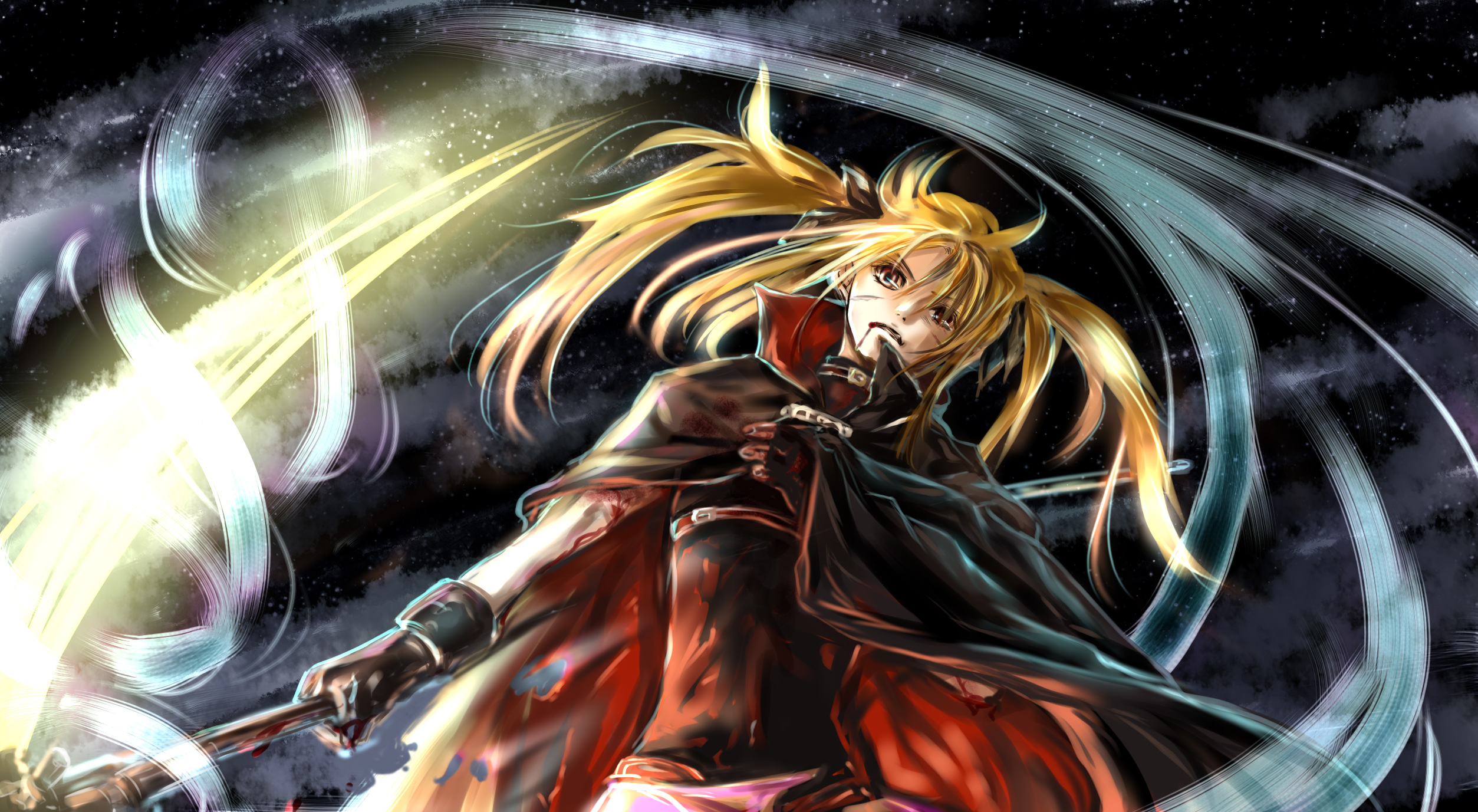 ego6, bardiche (nanoha), bardiche (scythe form) (nanoha), fate testarossa, fate testarossa (lightning form), lyrical nanoha, mahou shoujo lyrical nanoha, mahou shoujo lyrical nanoha a's, highres, 00s, blonde hair, blood, cape, gloves, red eyes, scythe, solo, twintails