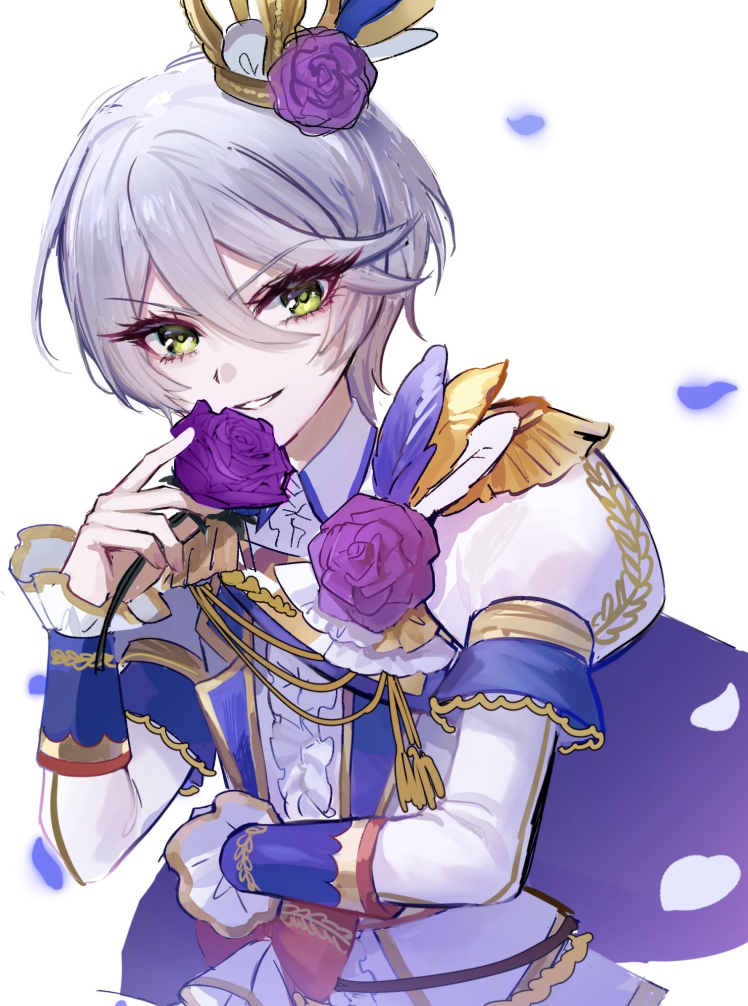 shikyoin hibiki, pretty series, pripara, commentary request, highres, 1girl, 43c, crown, feathers, flower, green eyes, grey hair, hair between eyes, hand up, holding, holding flower, idol clothes, jacket, juliet sleeves, long sleeves, looking at viewer, petals, puffy sleeves, purple flower, purple rose, rose, short hair, smile, solo, white background, white jacket